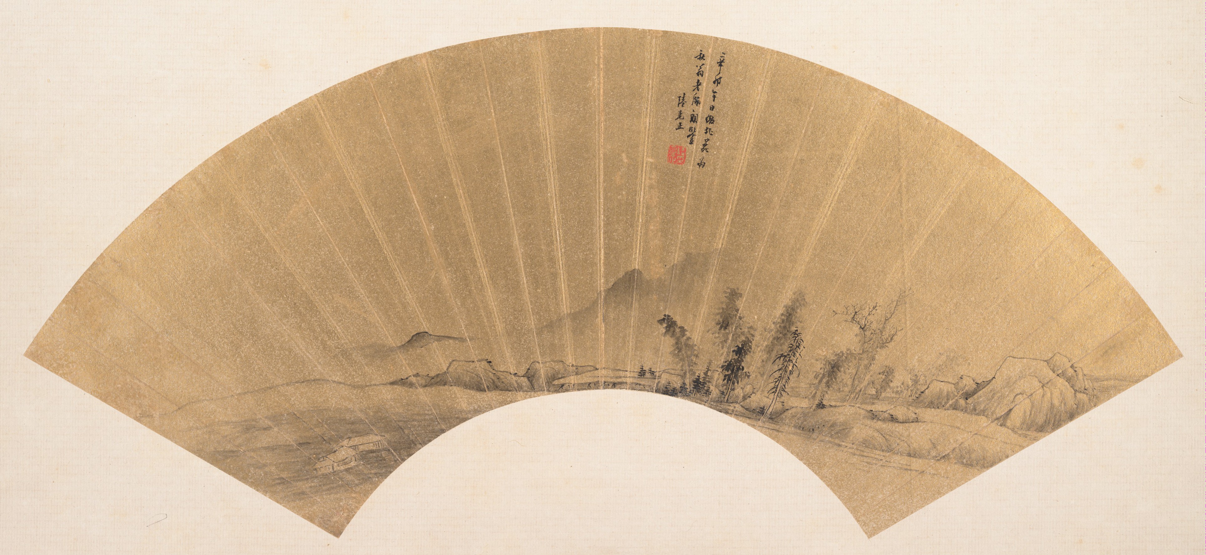 明（？） 陸克正夢北苑山水扇|東源風の風景