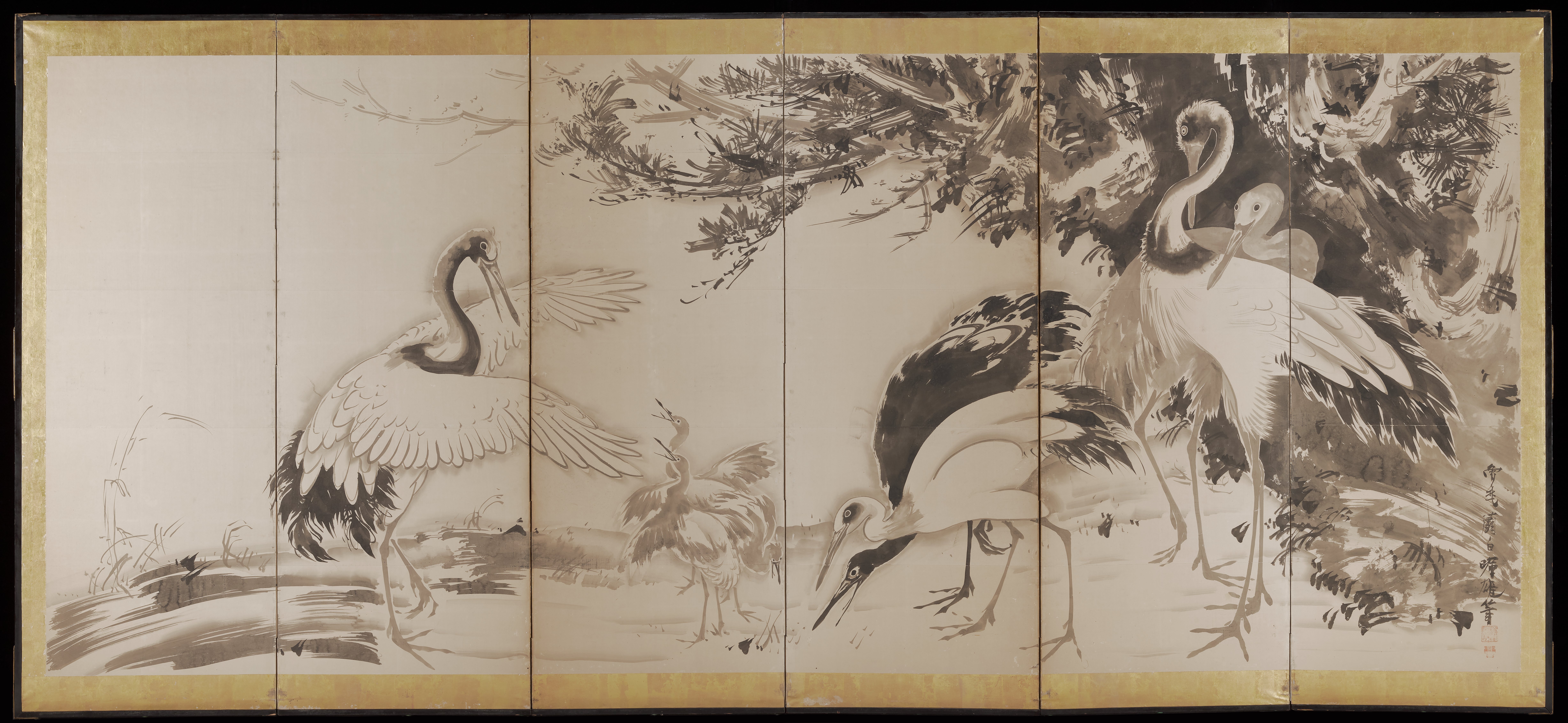 鶴と波（一対の右隻）