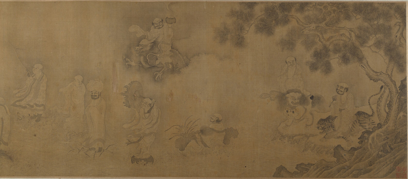 明清時代の匿名の李公林偽龍王招待図 龍王への招待の巻 |海を渡って龍王の宮殿に向かう仏教の羅漢たち