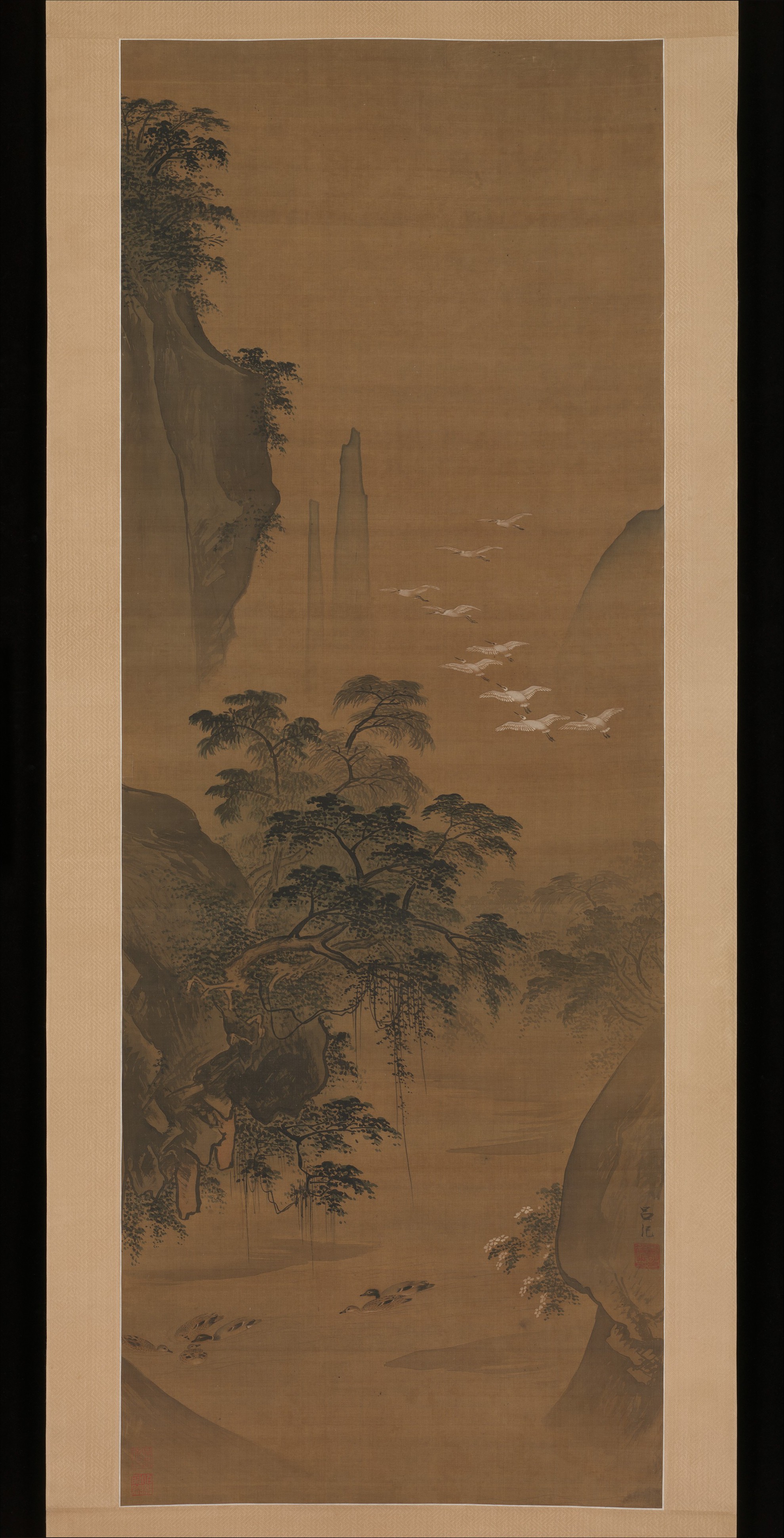 白鷺と鴨の秋の風景、明代、陸記、巻物