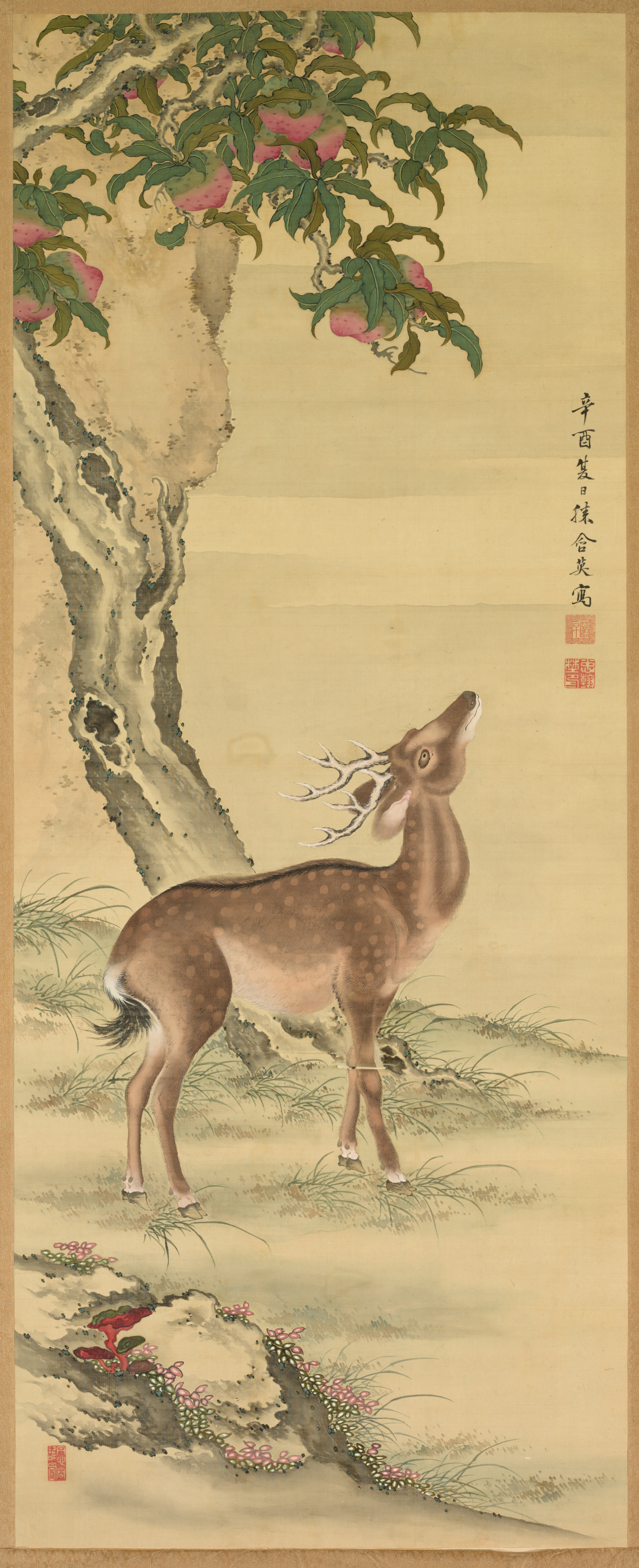 長寿の象徴：桃と松の下の鹿（松）（右）