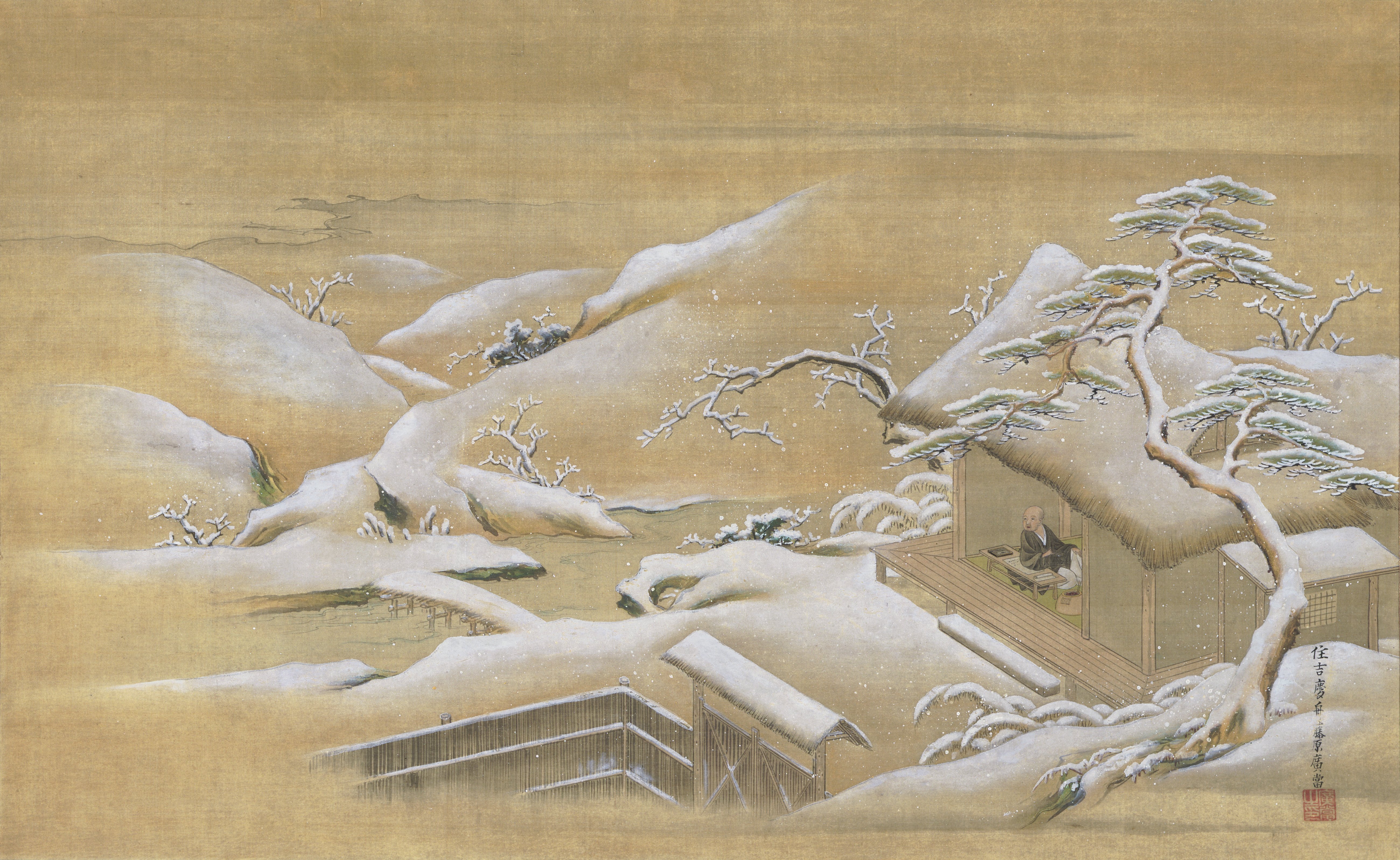 雪景色を眺める僧