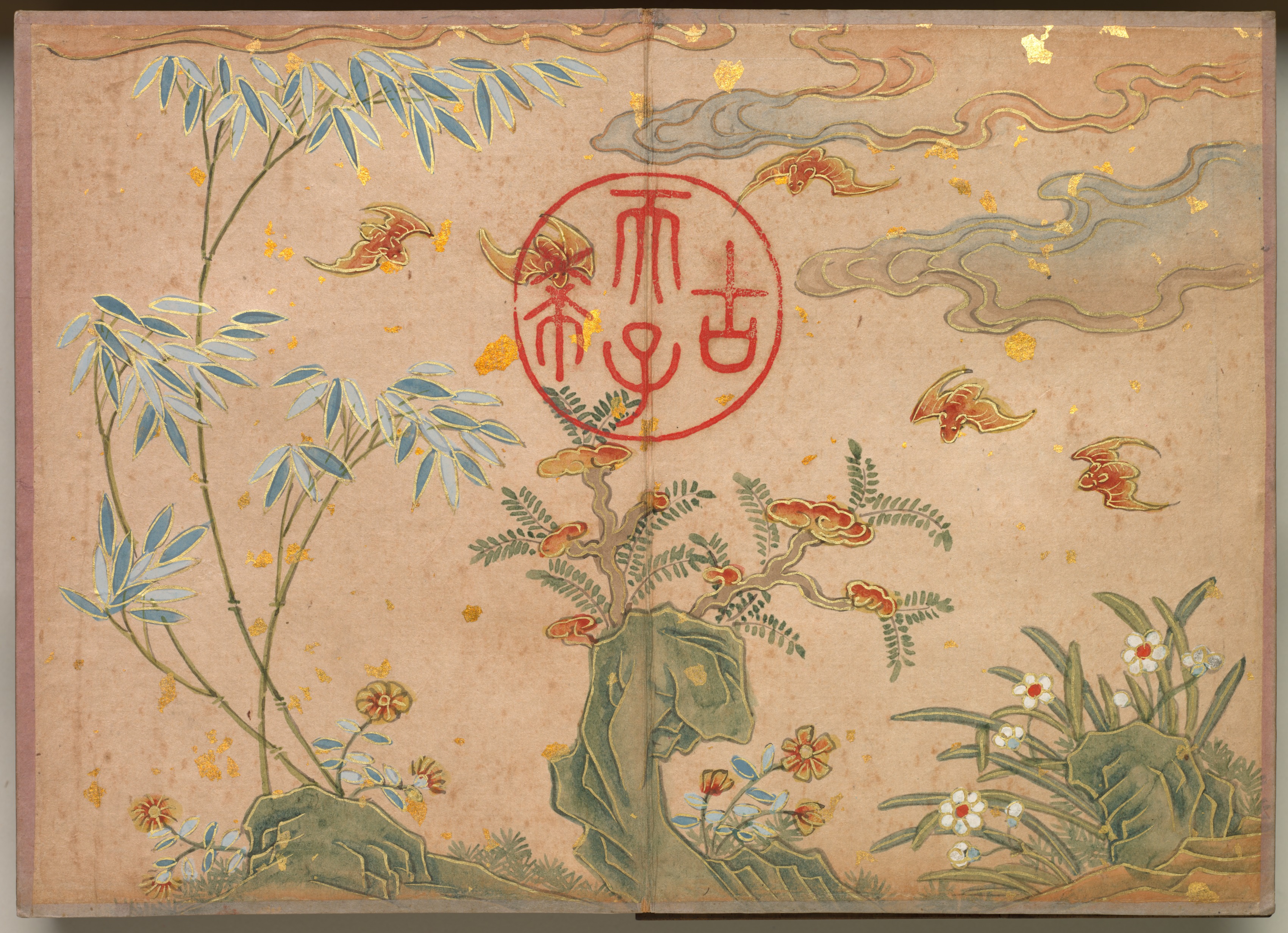 机上画帖：花鳥画（蝙蝠・岩・花、円形の書）