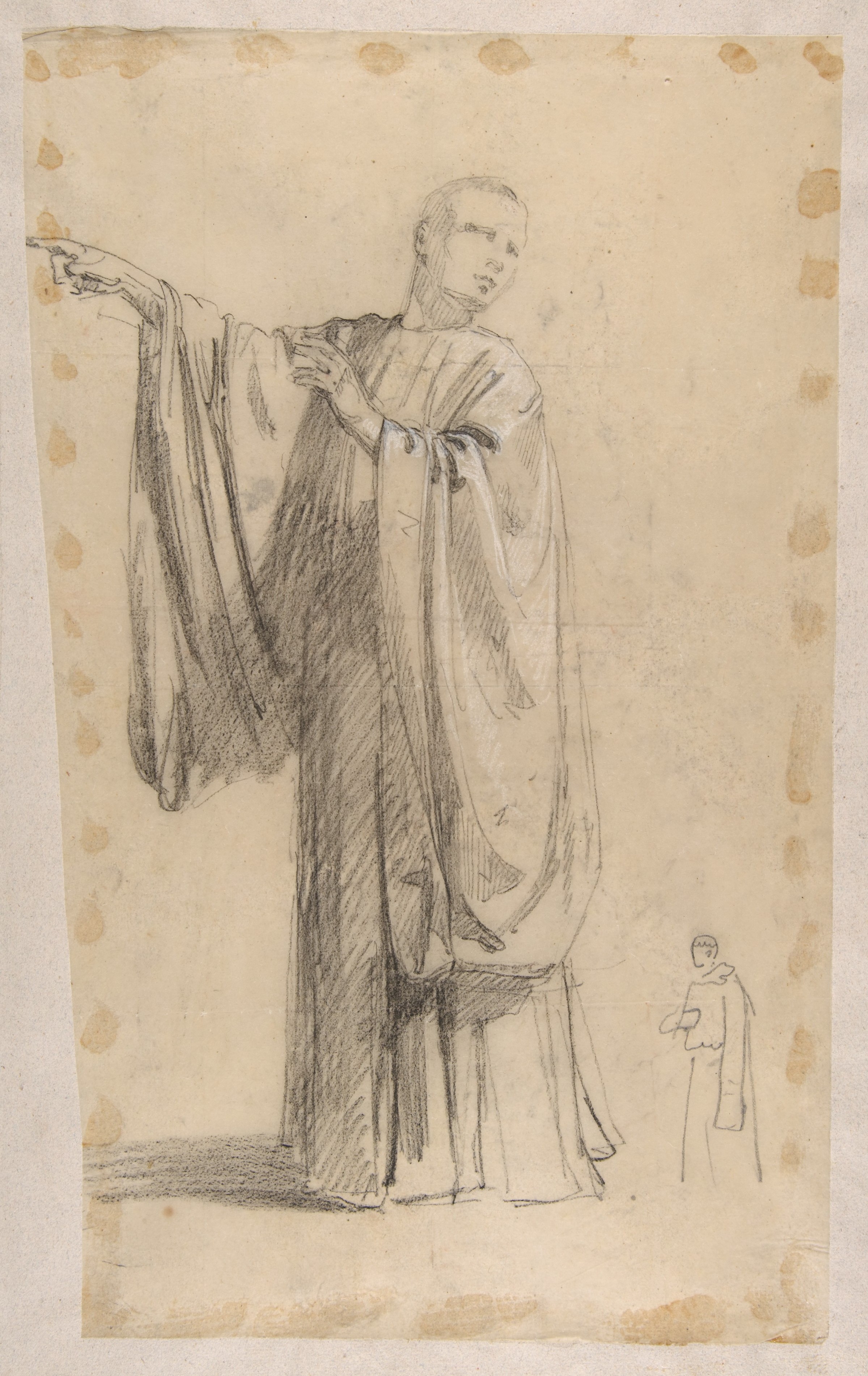 聖職者（下段、パリのサント・クロチルドにあるサン・レミ礼拝堂の壁画の習作、1858年）。サポートの裏側に黒チョークで風景スケッチ