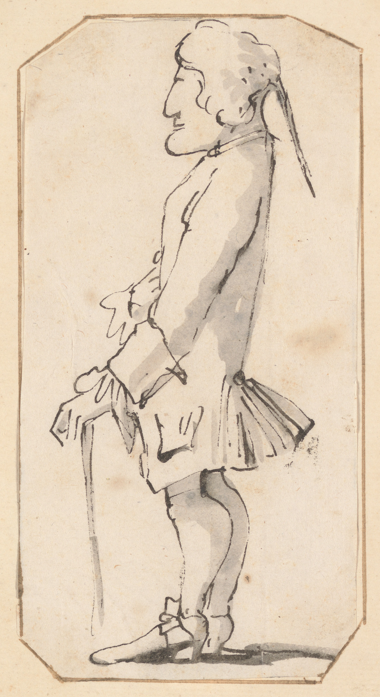 棒を持ち、左側に横たわって立っている男性の似顔絵