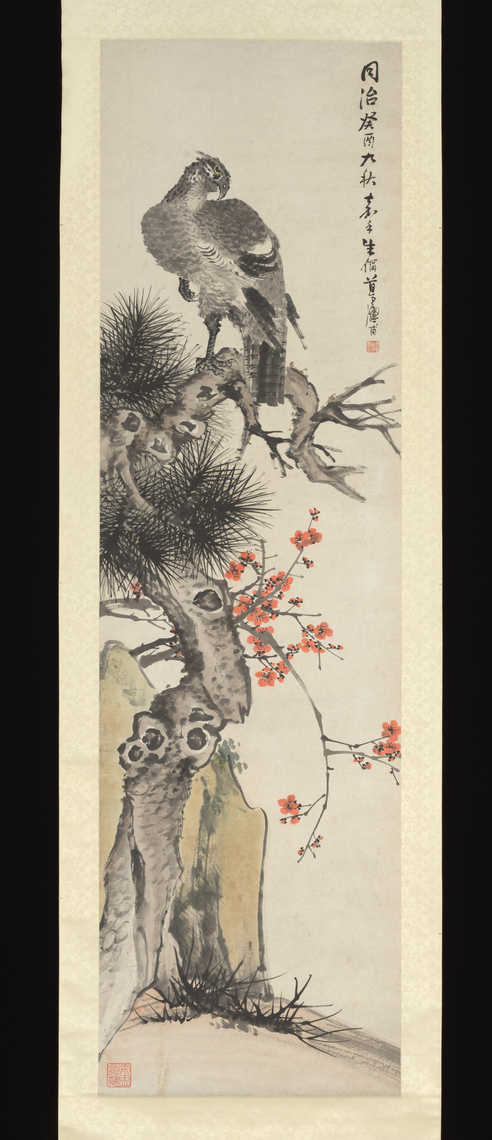 清代朱恒作松鷲図軸|鷹、松、梅、岩