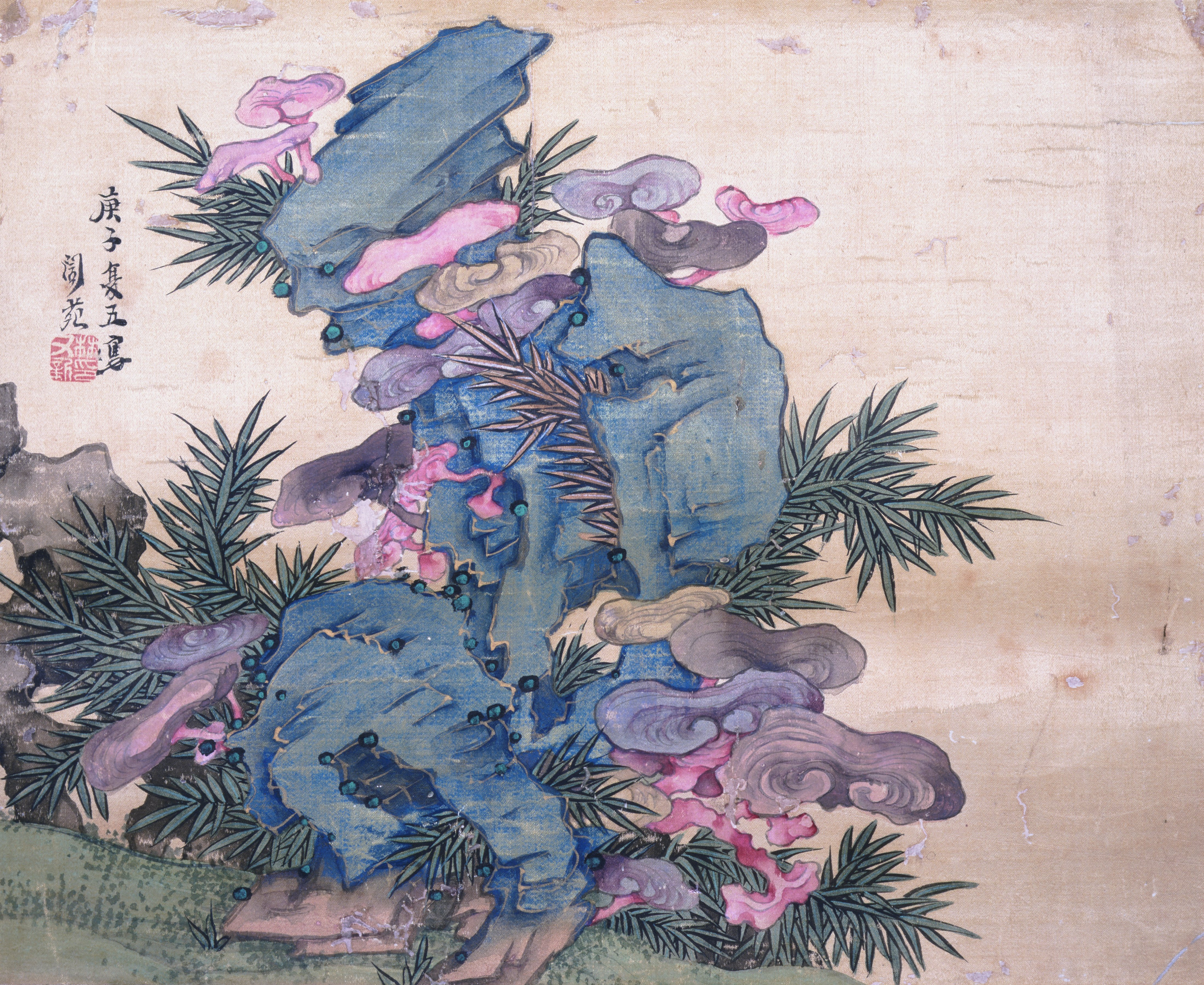 霊芝、竹、岩