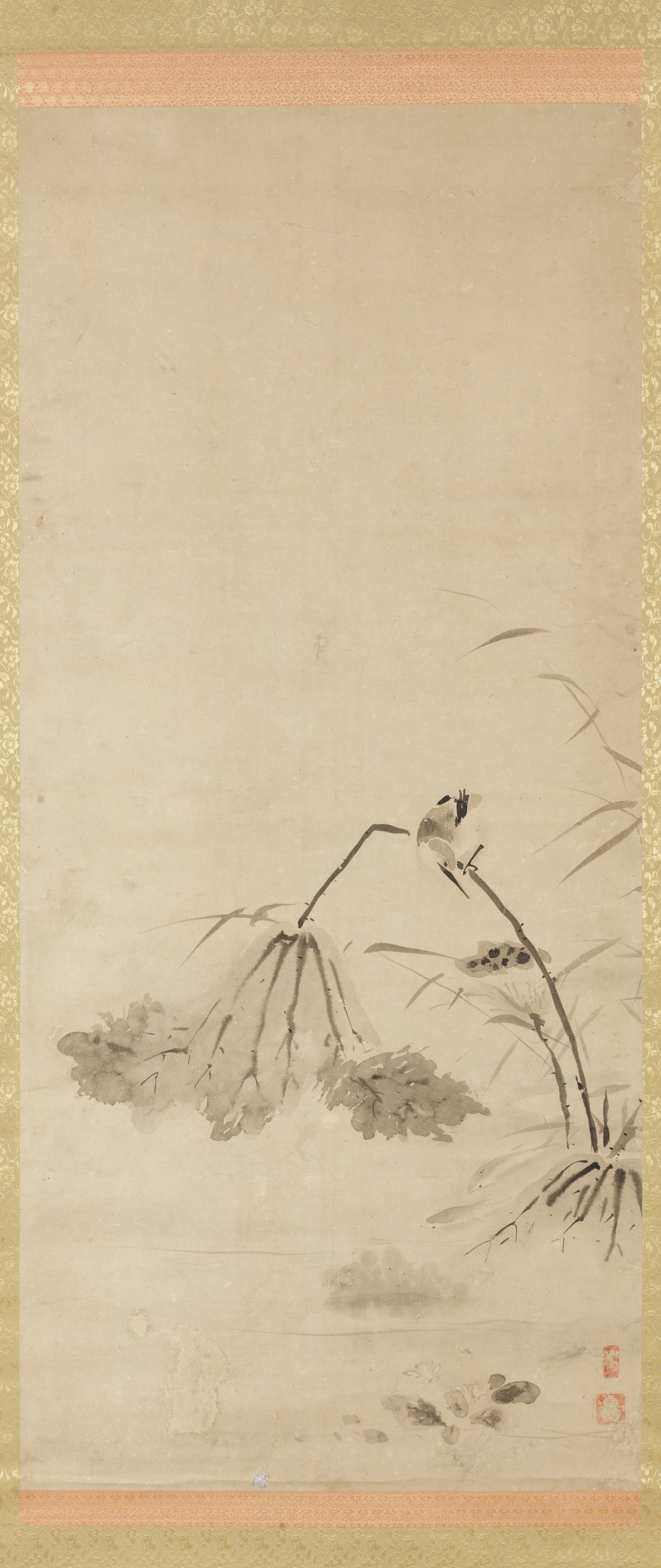 蓮に翡翠（「鳩・隠者・翡翠図」三幅対の左幅）