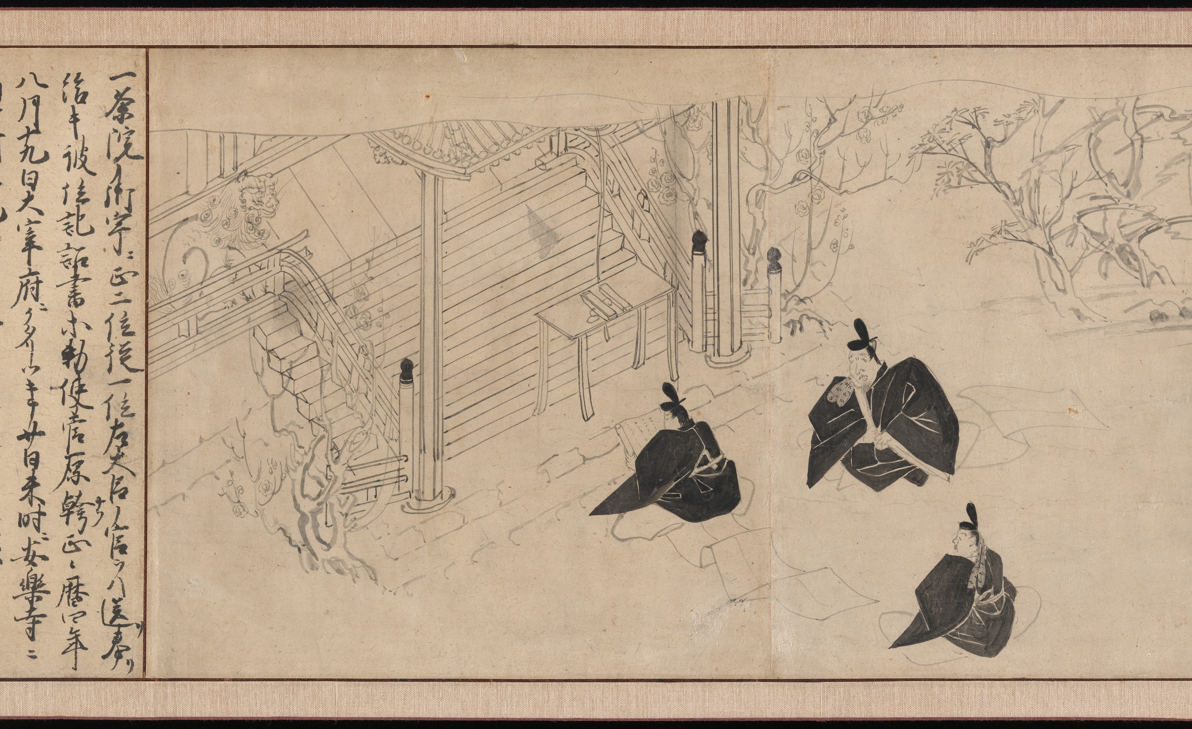 北野天神社絵伝説より、公家らが菅原道真の霊廟を参拝