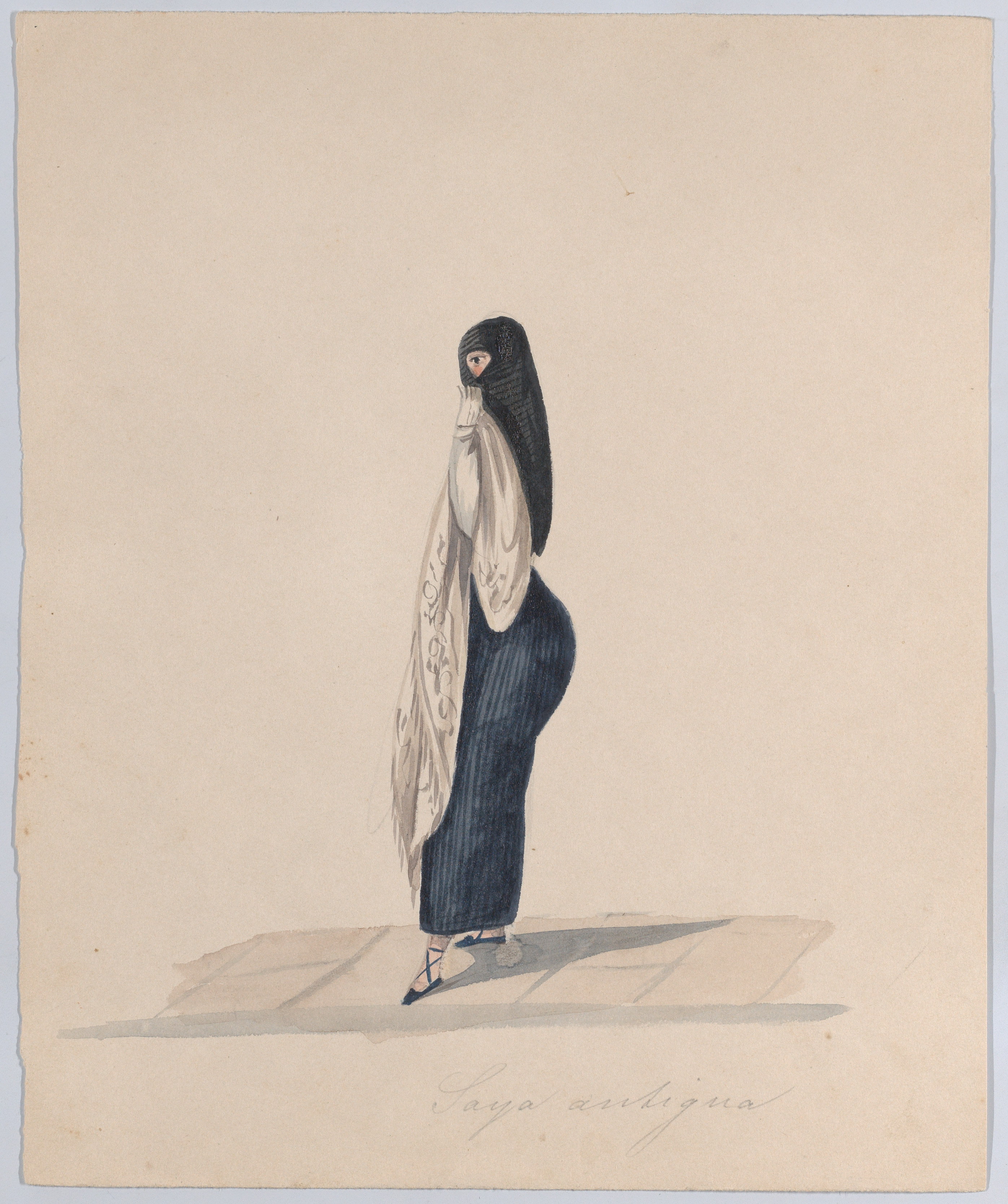 ペルーの衣装を描いた一群の絵から、サヤを着て横向きに立つ女性