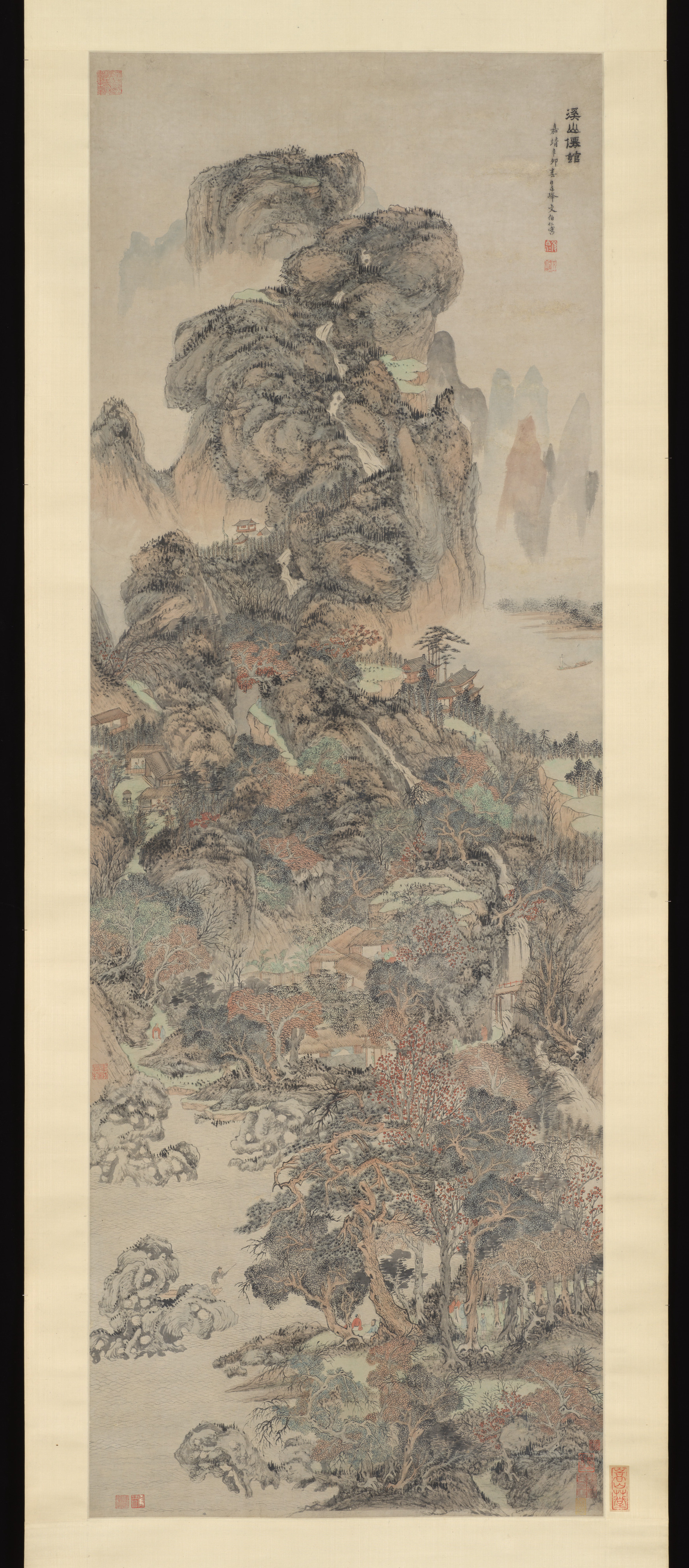 明代の文伯仁西山仙人殿図軸|川と山の中にある仙人の住居