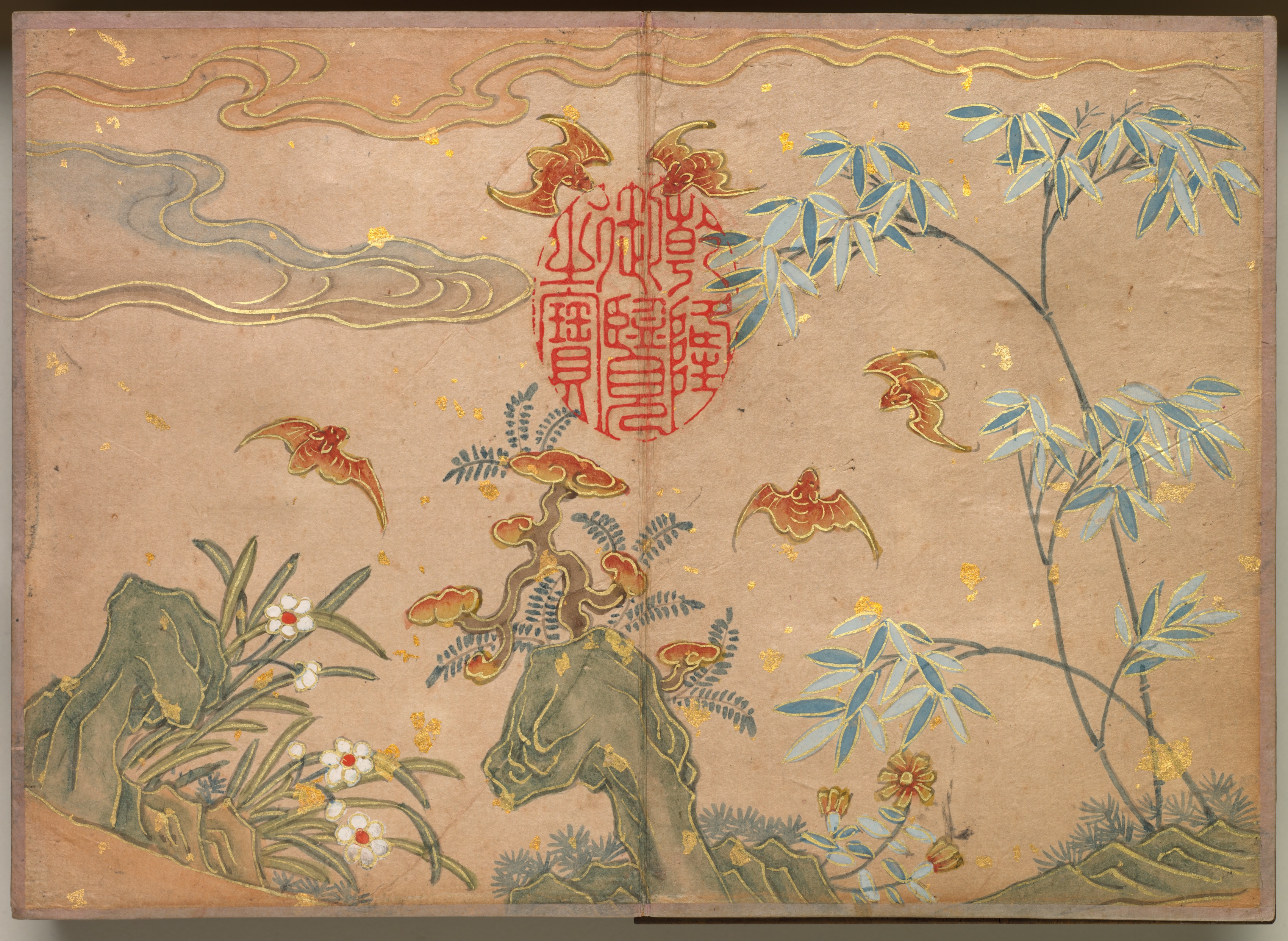 机上画帖：花鳥画（蝙蝠・岩・花、楕円形の書）