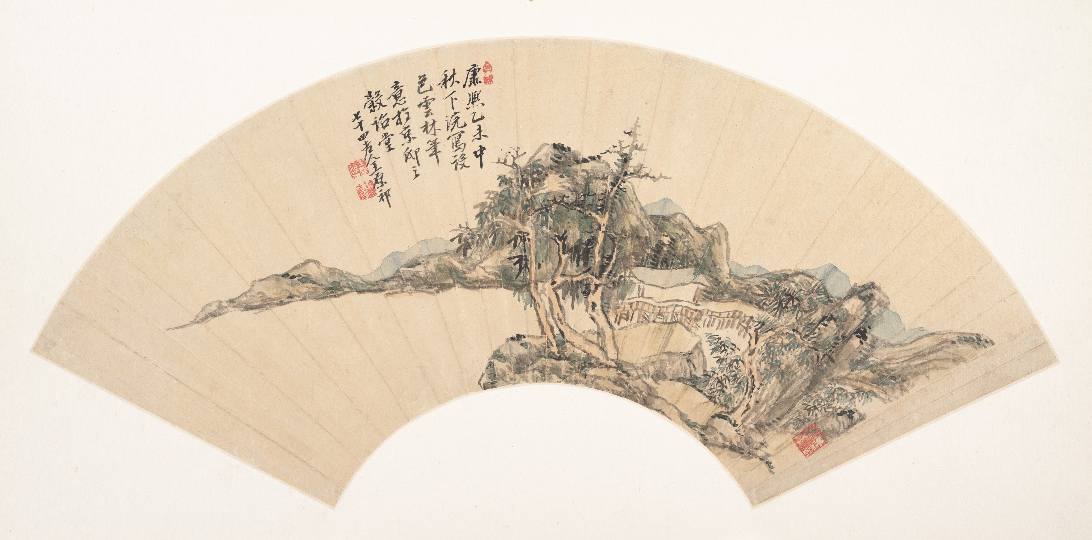 清朝、王元斉の模倣、倪雲林の風景画、扇子 |ニ・ザン風の風景