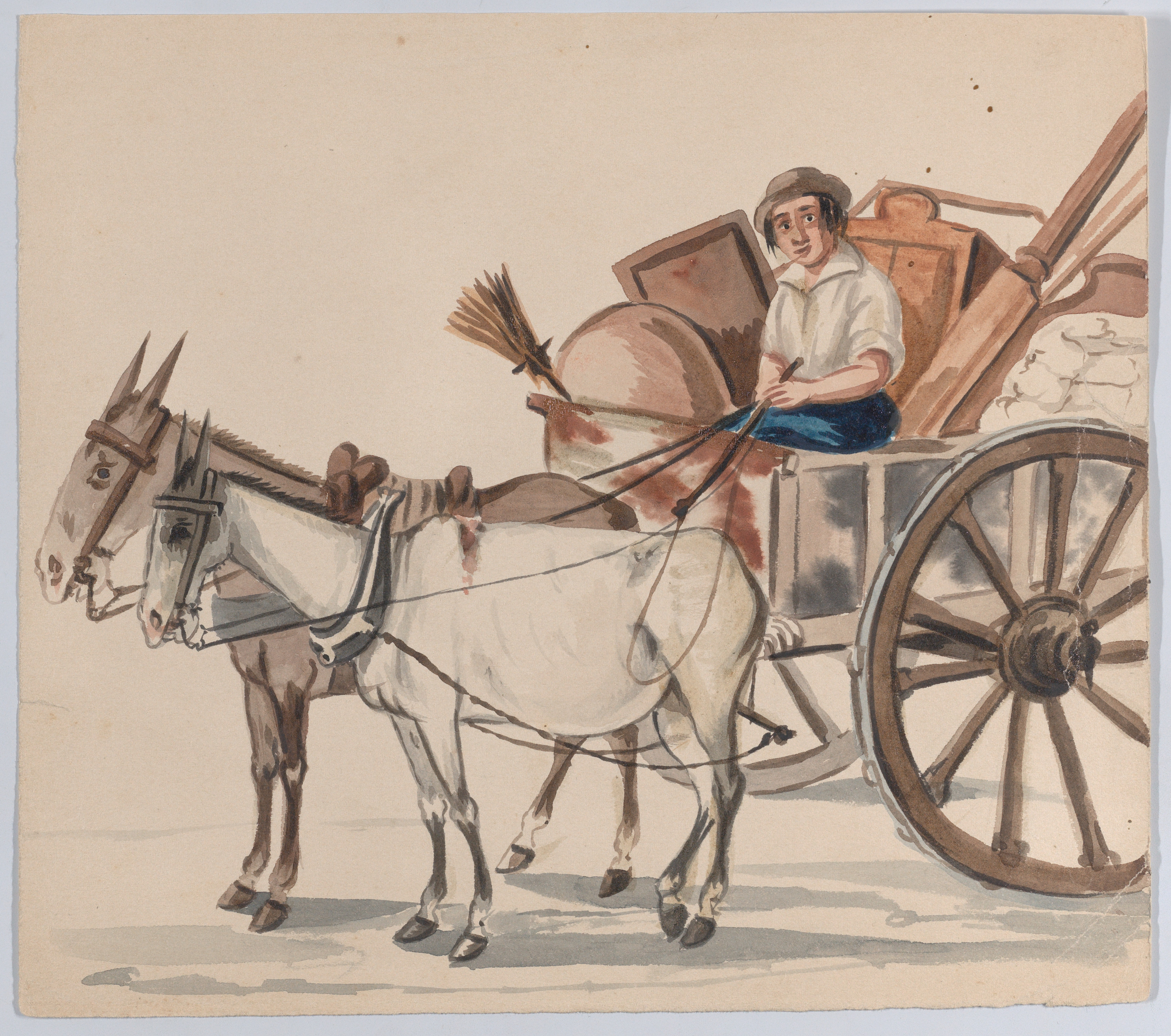 ペルーの衣装を描いた一群の絵より、ラバに引かれる荷車を運転する男性
