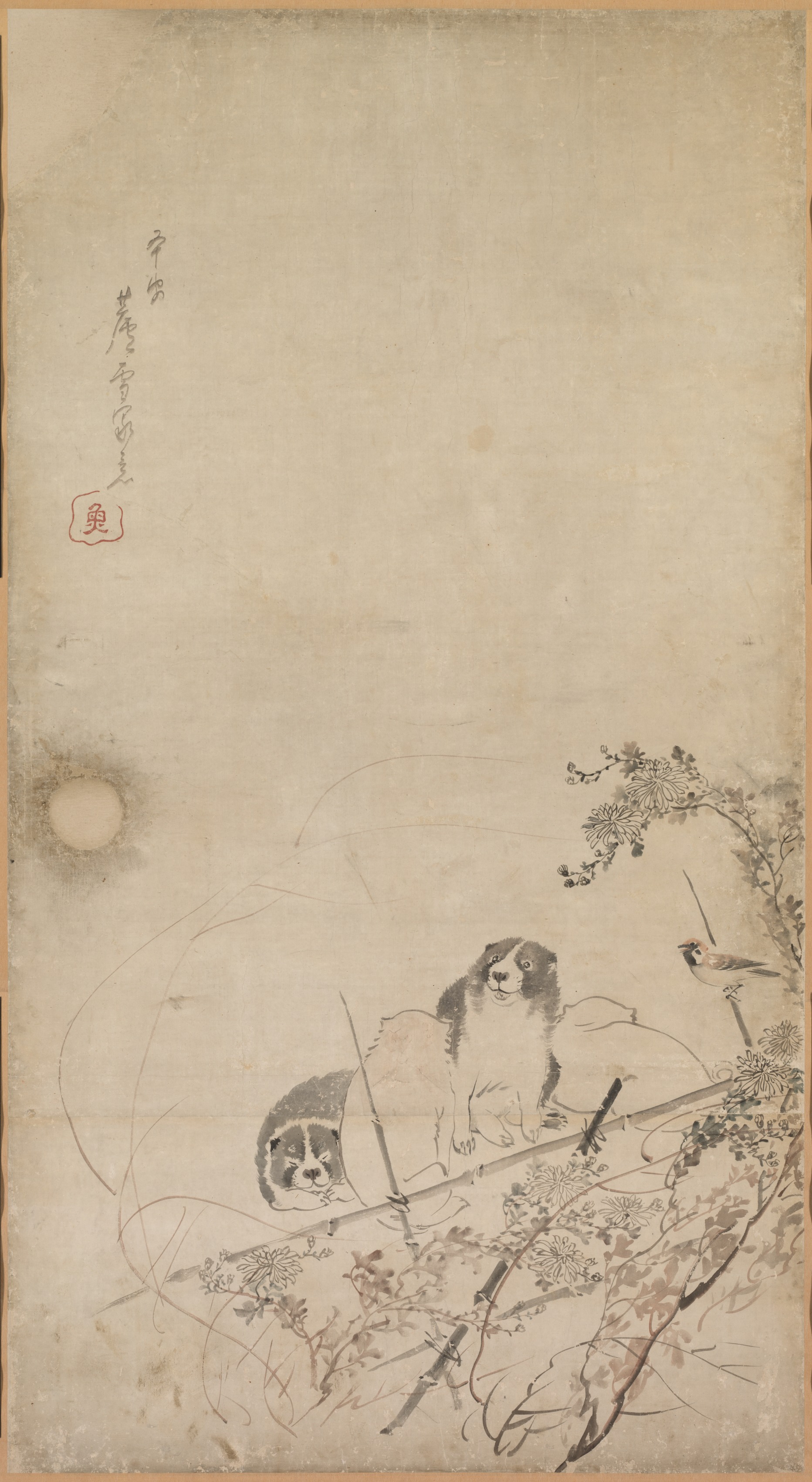 子犬と雀と菊