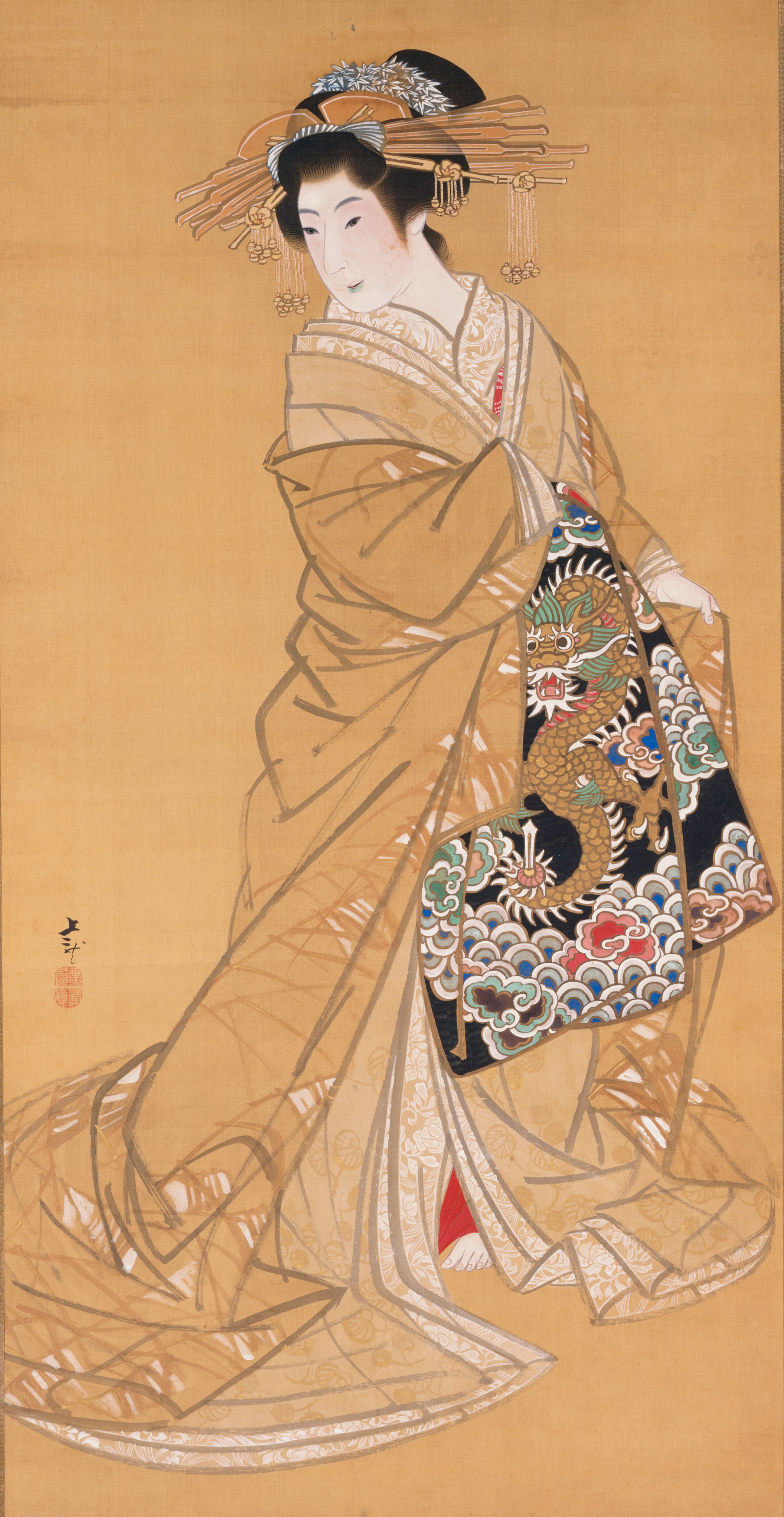 龍文様の帯を締めた美人