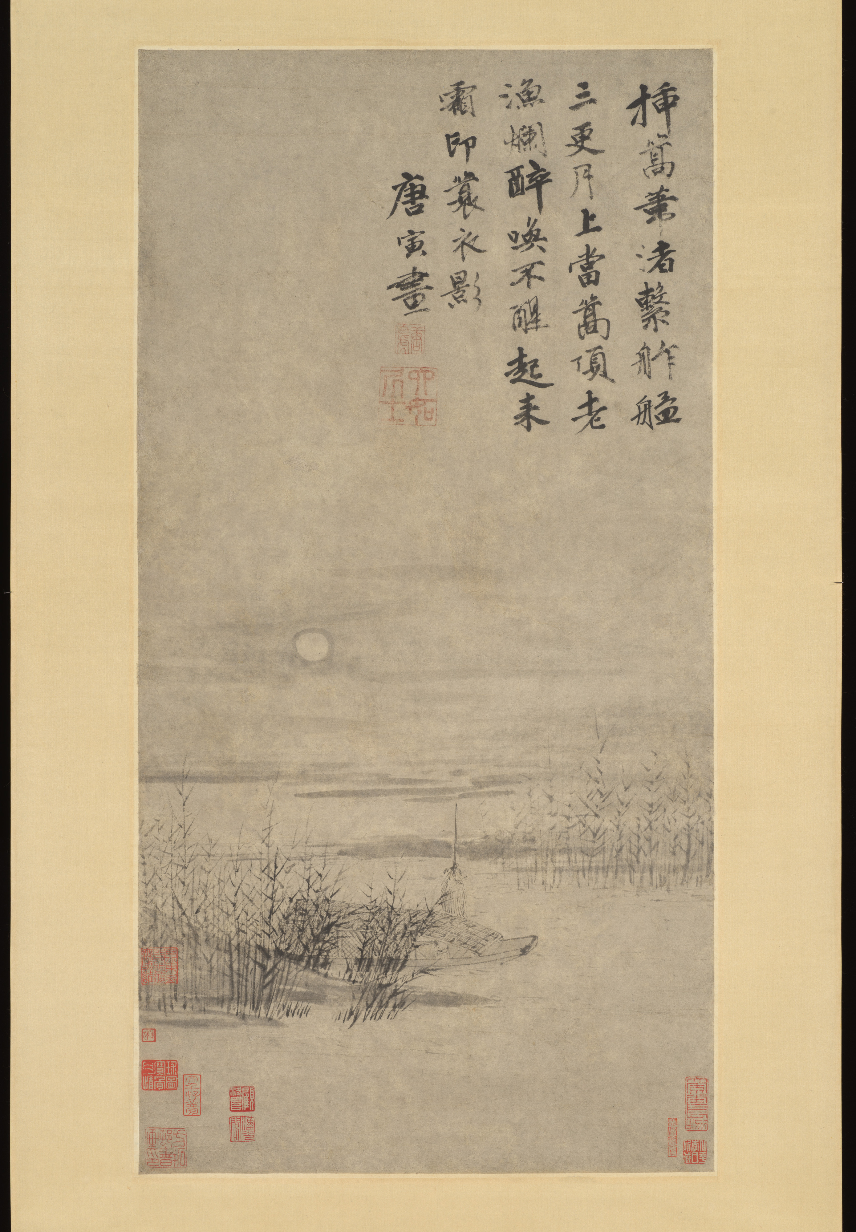 明代、唐殷、酔った漁師 by Wei Zhu、スクロール |葦の岸辺で酔った漁師