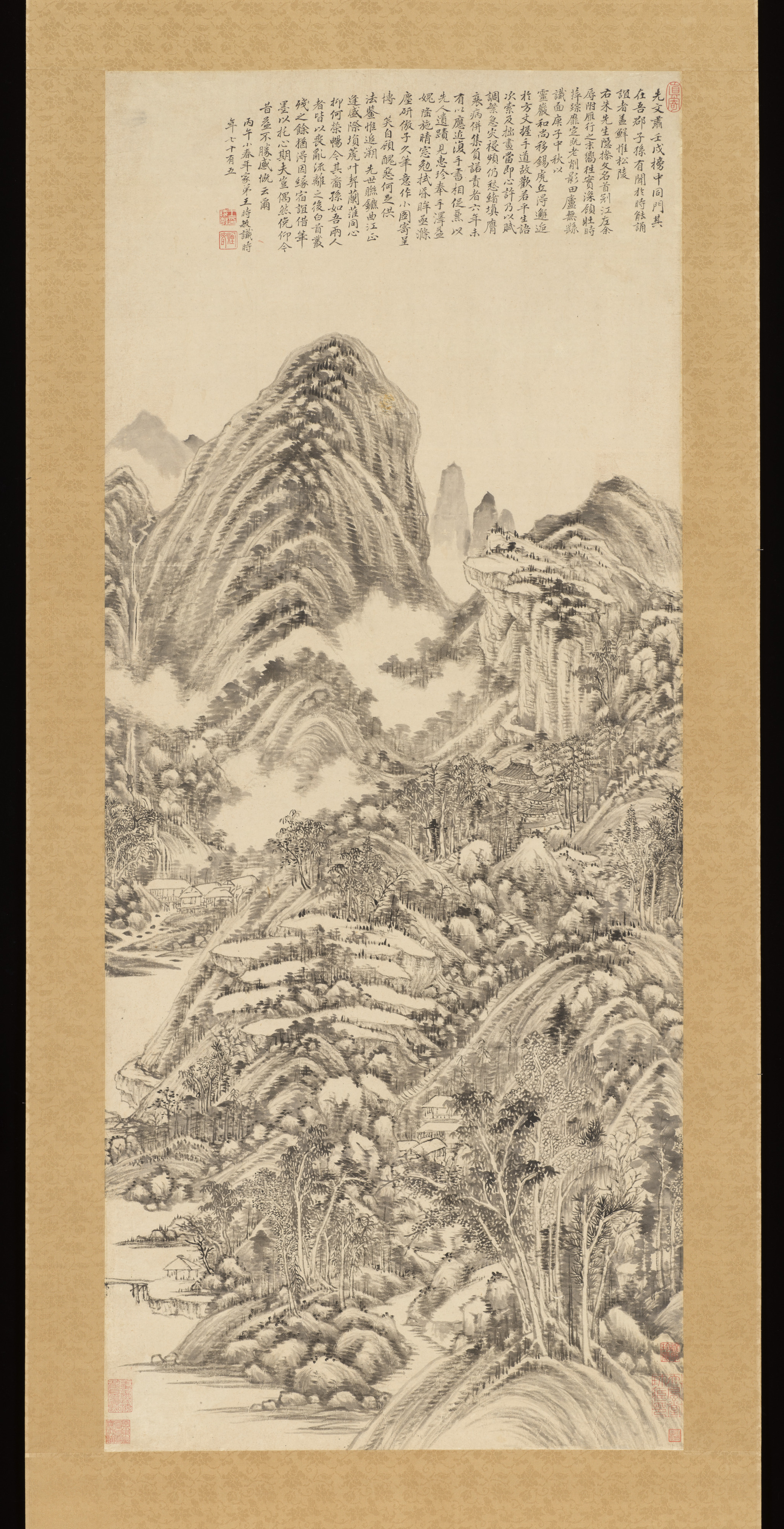 王世民、清朝、黄公望の風景を模倣、巻物、絹 |黄公望風の風景