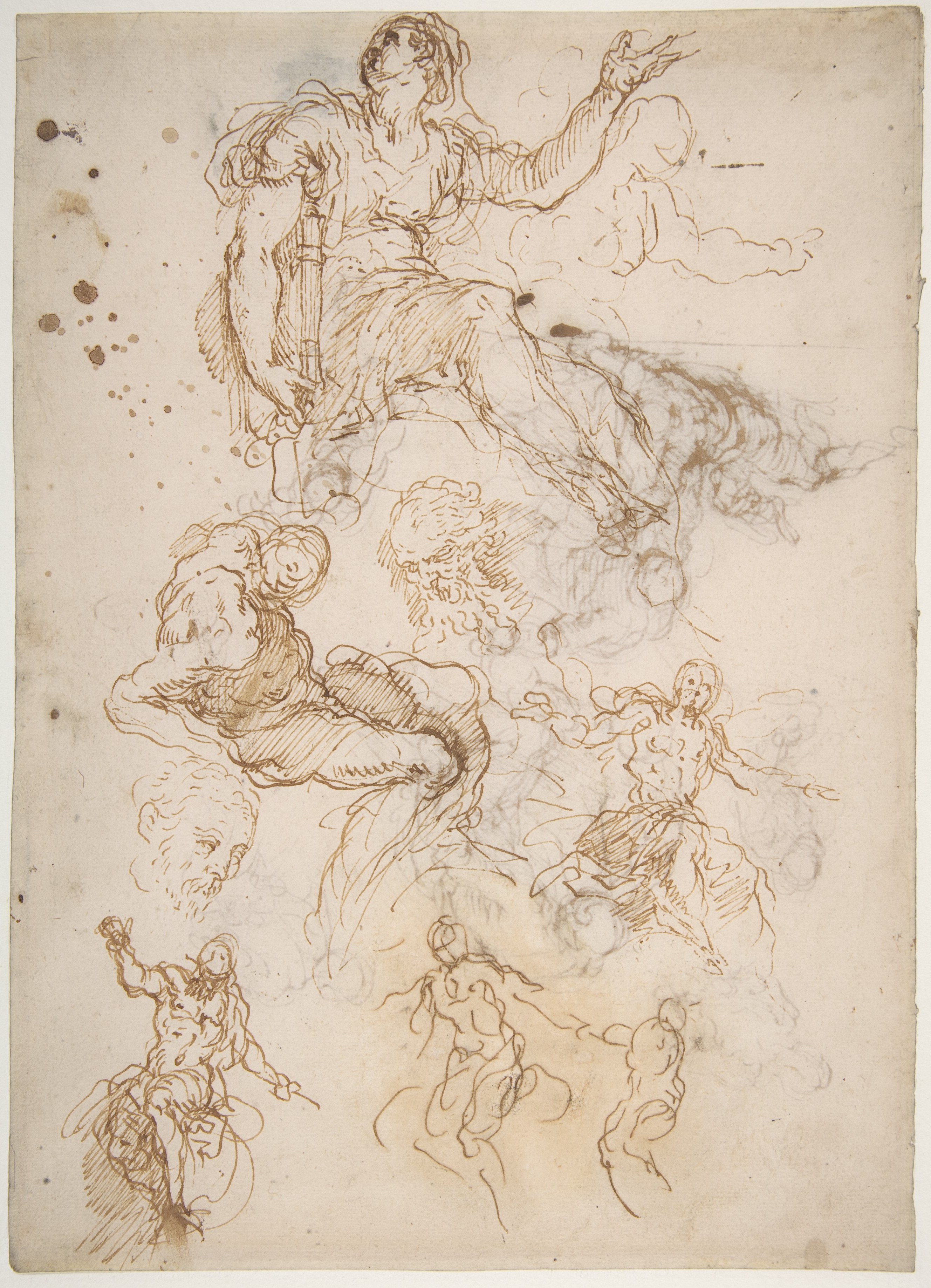 Figure Studies: Seated Female Holding a Book, Two Heads of Bearded Men, Seated Male Nude, and Four Sketches for Christ Judging（表）；アベルを殺すカインのための習作（裏）