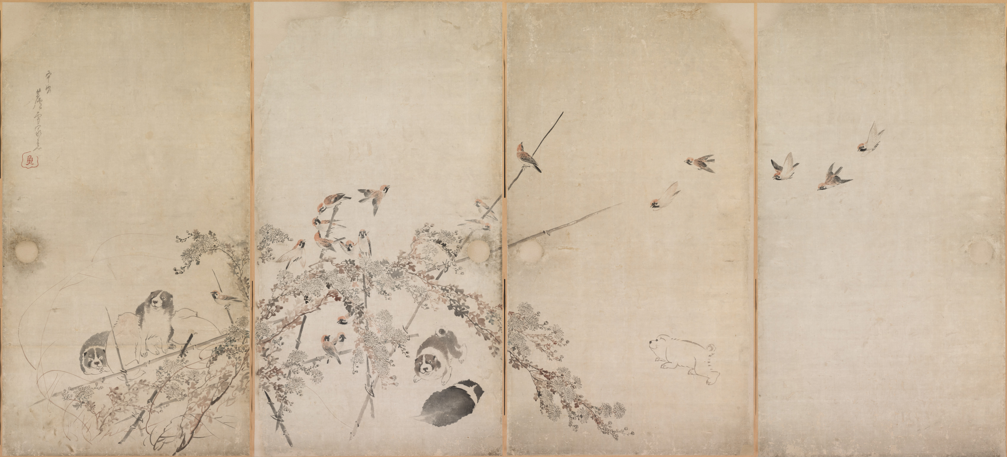子犬と雀と菊