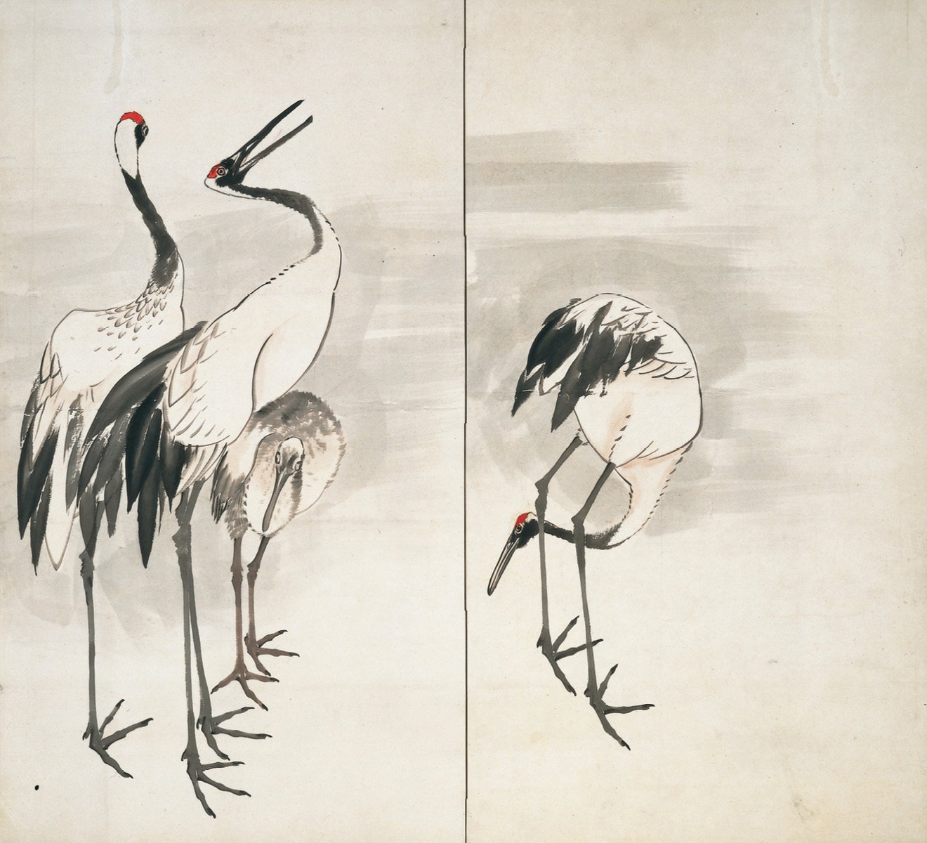 鶴の親子（一対の左隻）