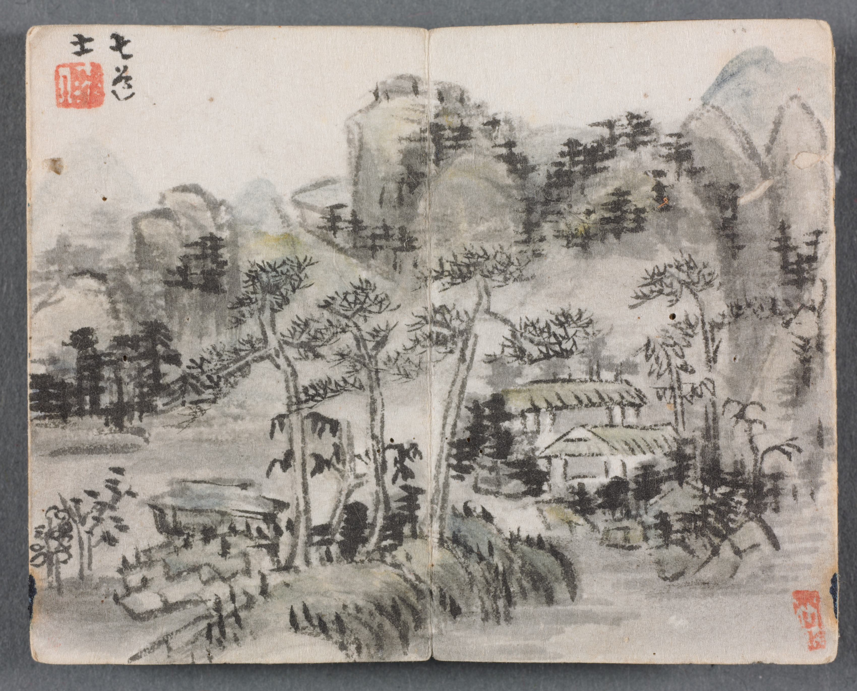人物山水小画帖（2棟の建物のある山水）