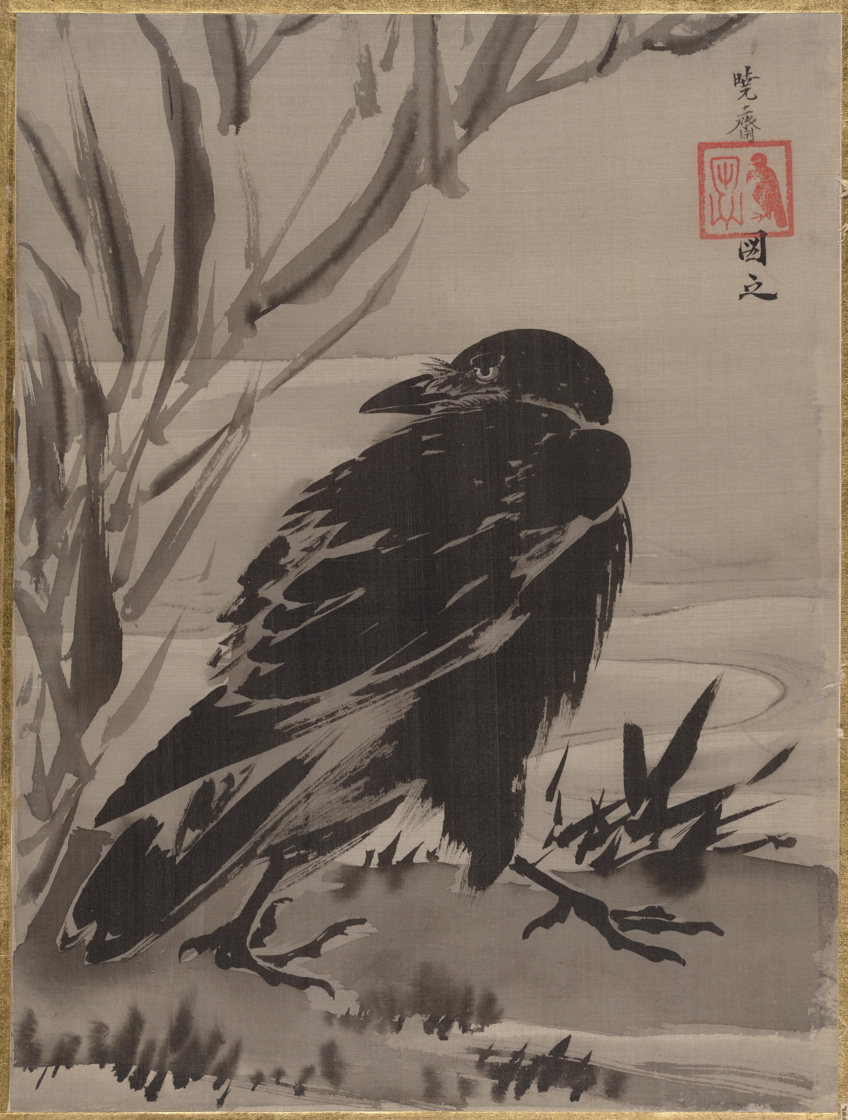 水辺に鴉図