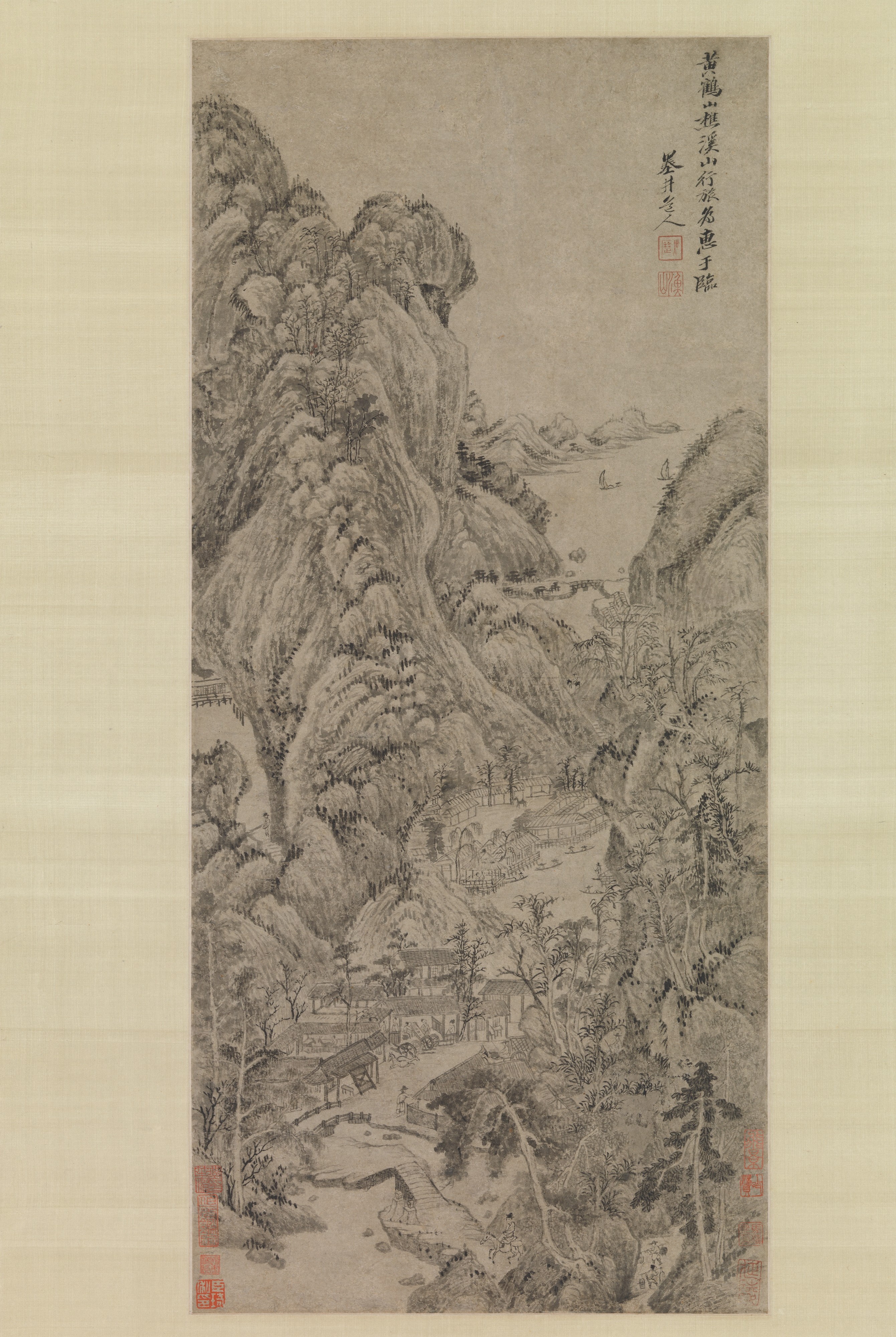 清朝、呉李、王蒙溪山旅行地図軸の模倣 |川と山を旅する人