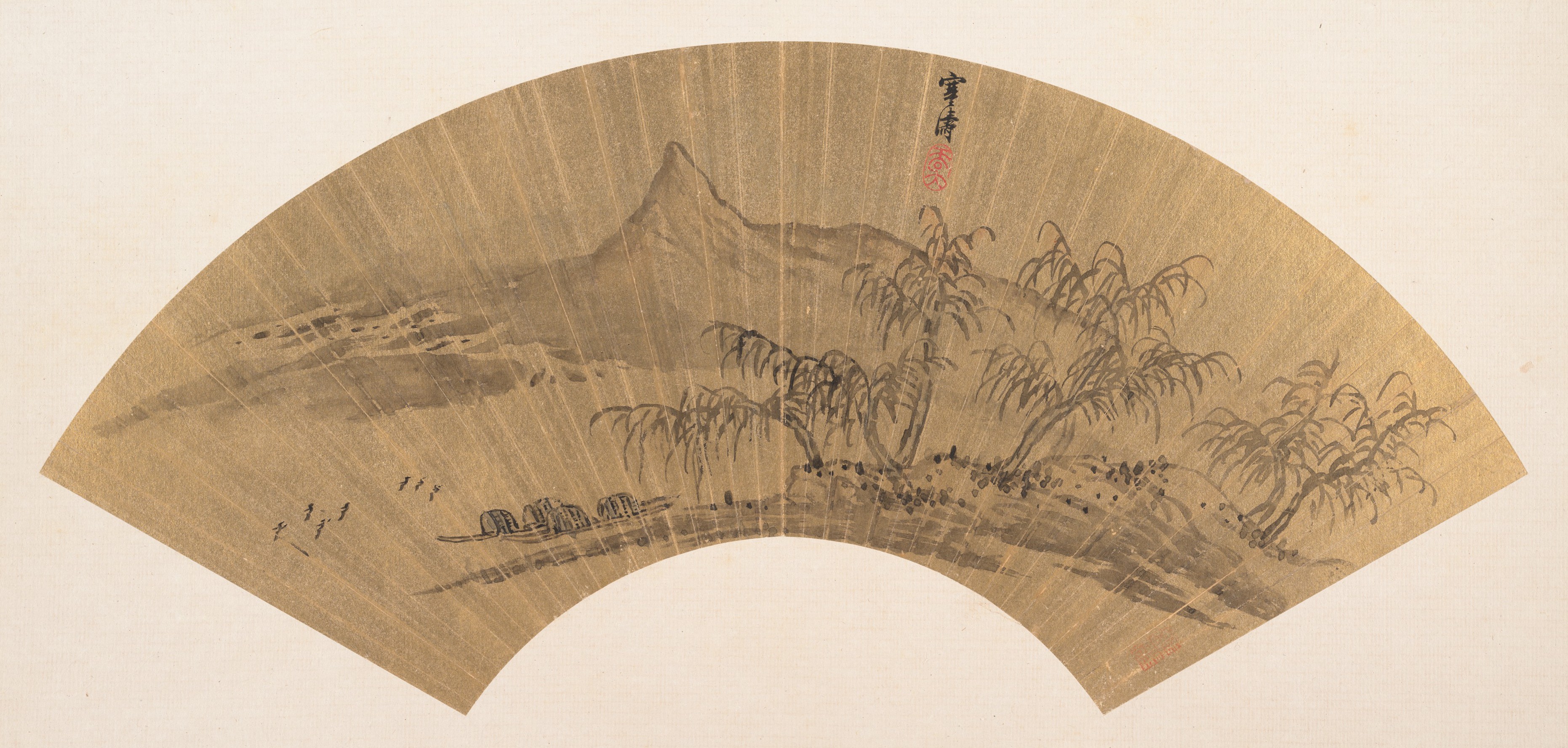 清朝呉山濤山水画扇|船が停泊する川の風景