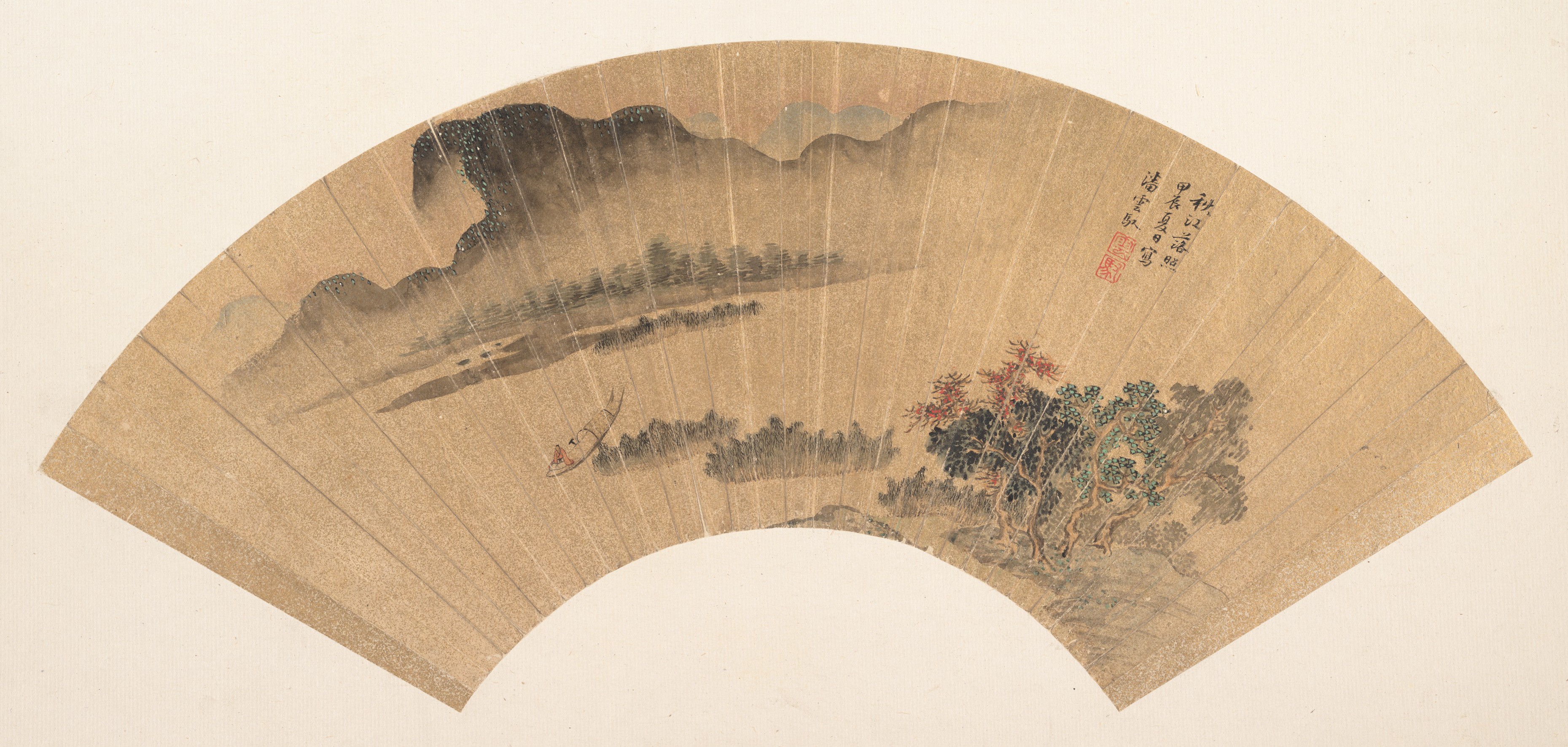 明/清時代の潘雲宇秋の川扇に落ちる光 |秋の川に沈む夕日