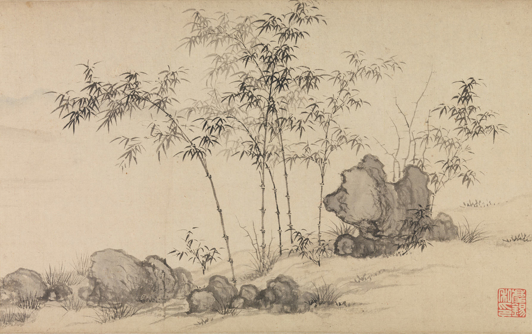 元/明時代の趙源のヤン・ウェンギとファン・クアンの後の風景画 源/明時代の沈勲の竹と石の巻物 |竹林