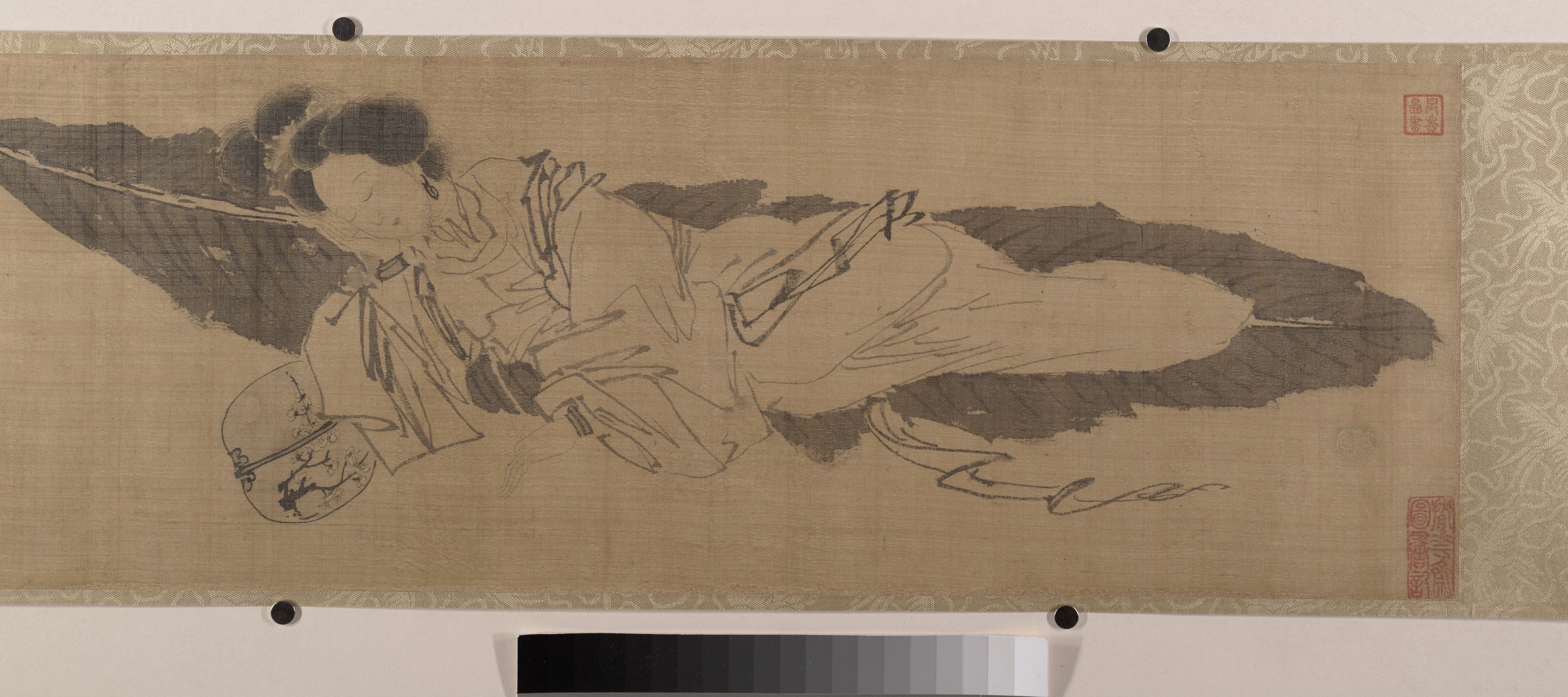 明代匿名唐殷（偽版）芭蕉の葉の上の貴婦人の絵 巻 |バナナの葉の上で眠る美女