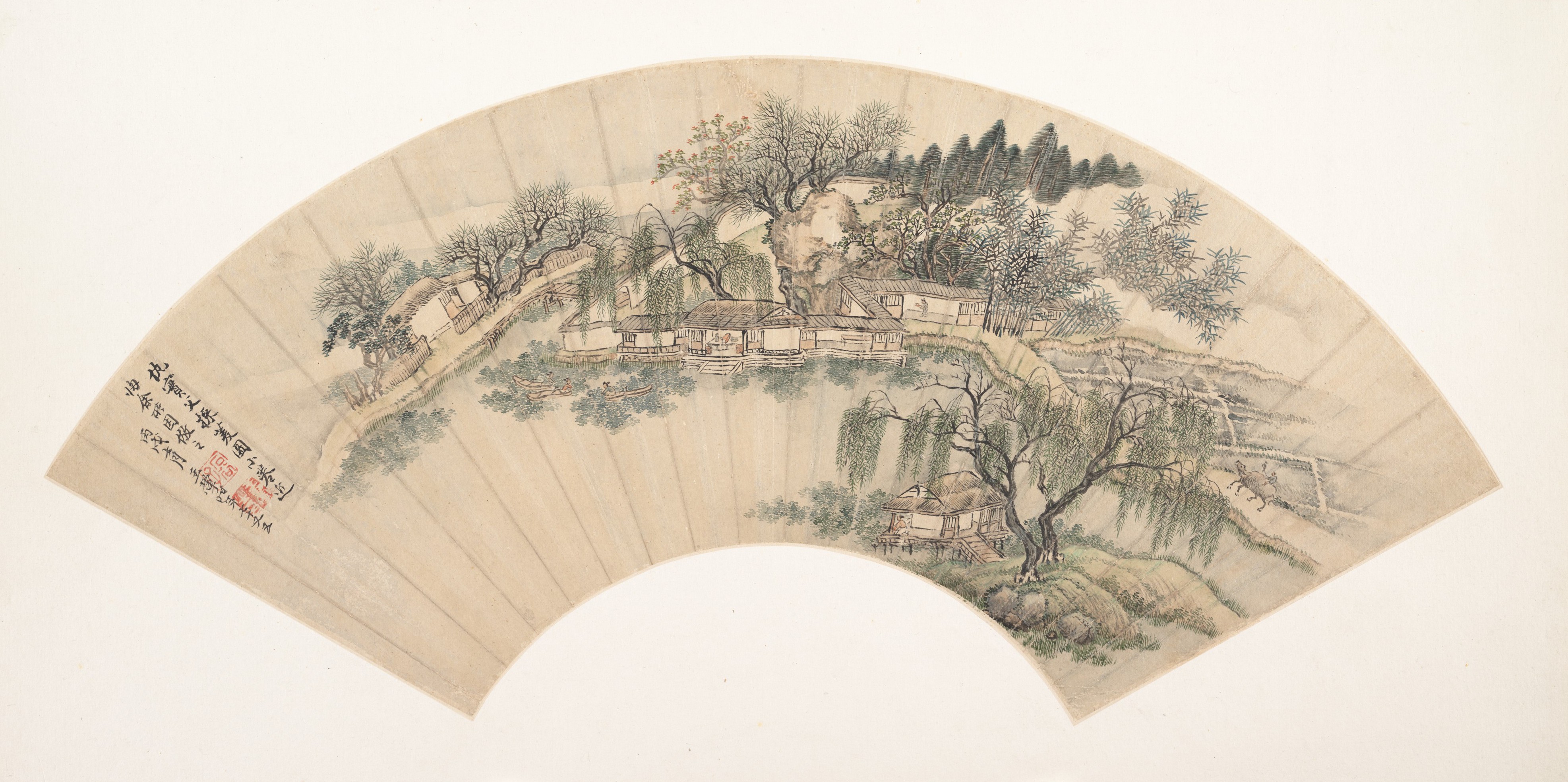 清佚名 瑞王翬 仇實父採菱圖 扇|ヒシの実を集める