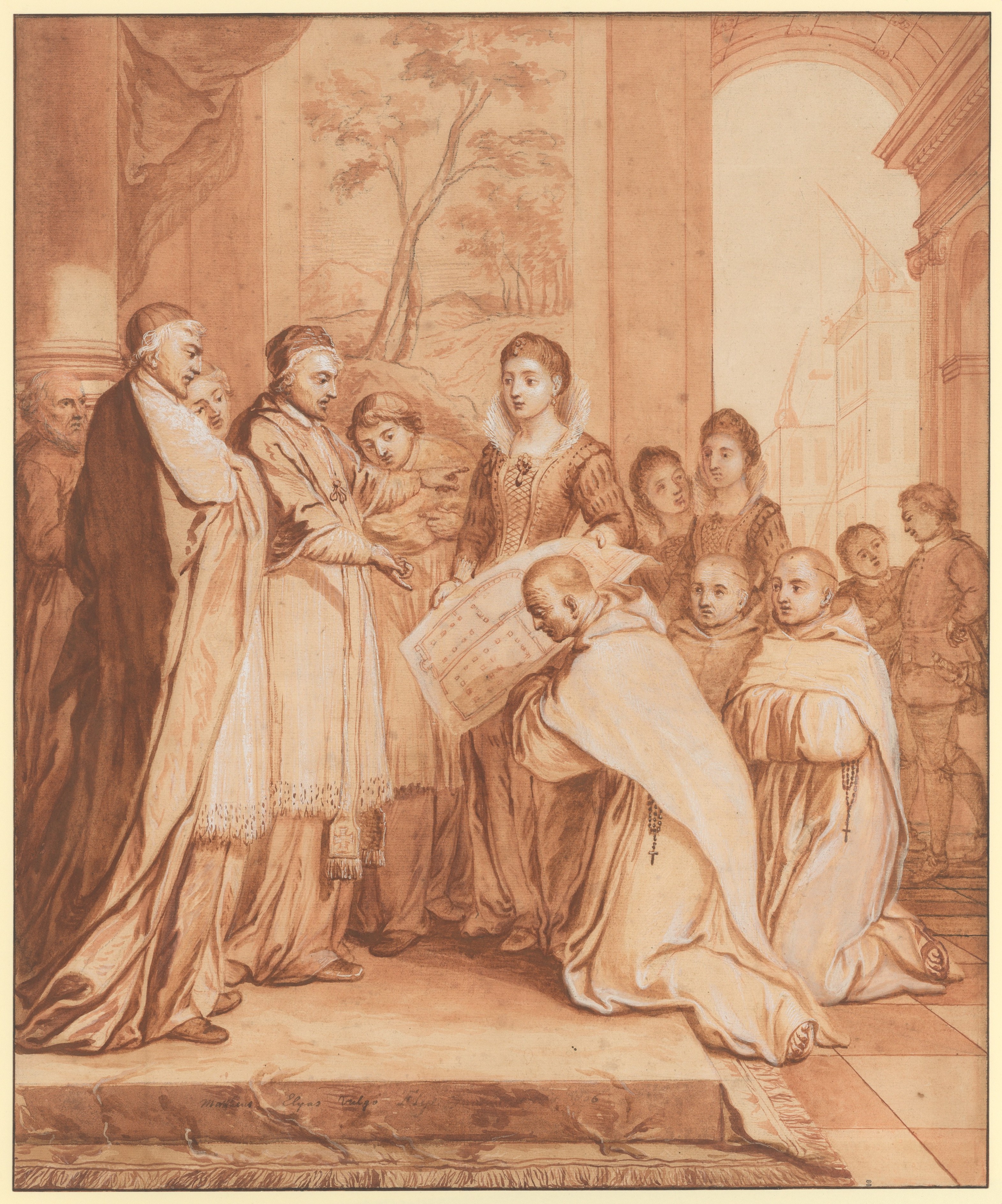 シーン 31: 1594 年、教皇ユリウス 3 世の姪でスフォルツァ伯爵スフォルツァ ディ サンタ フィオラの未亡人であるカテリーナ デ ノビリの寛大さにより、聖ベルナルドに捧げられたローマの第 2 フイヤント修道院の設立