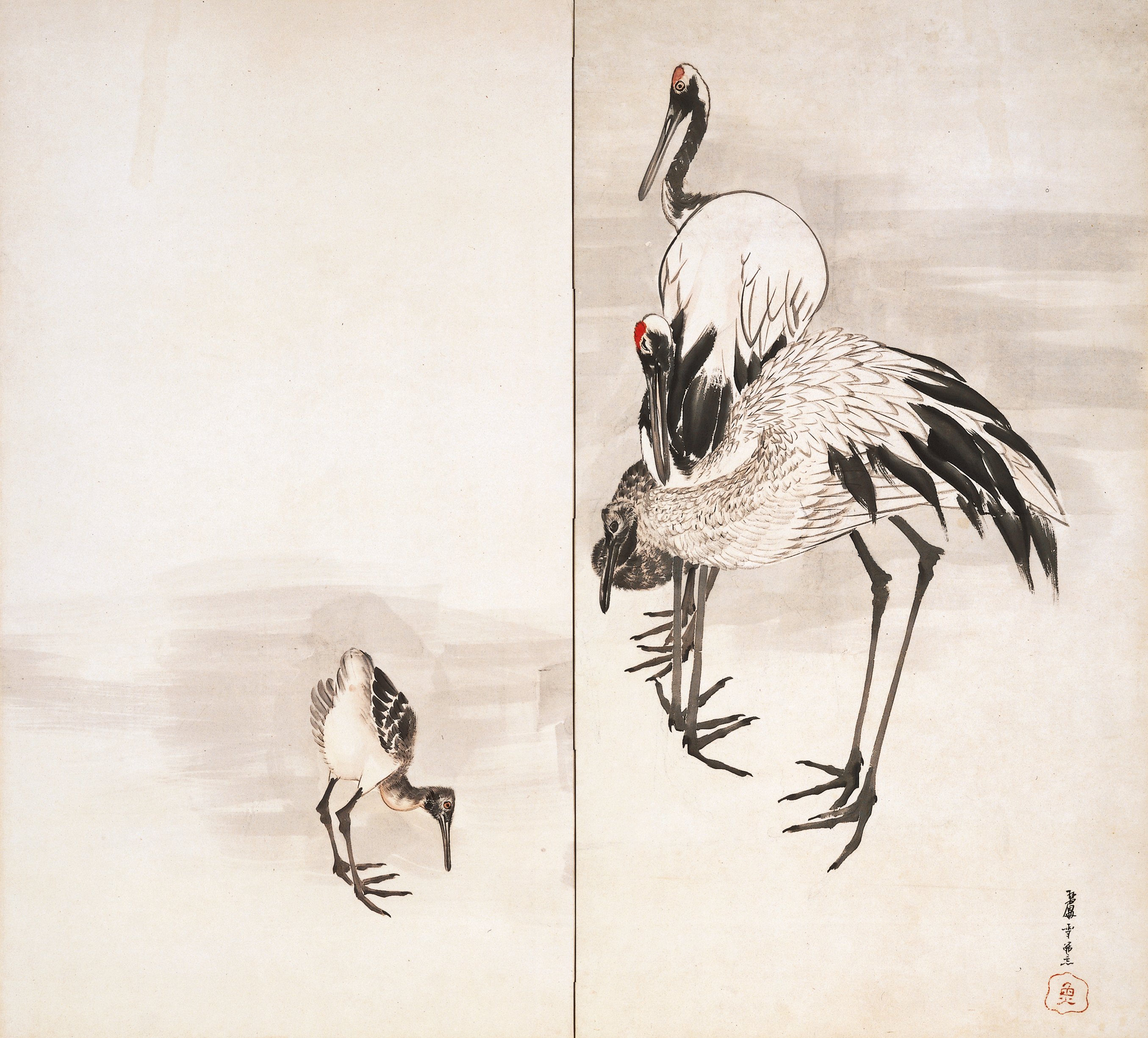 鶴の親子（一対の右隻）
