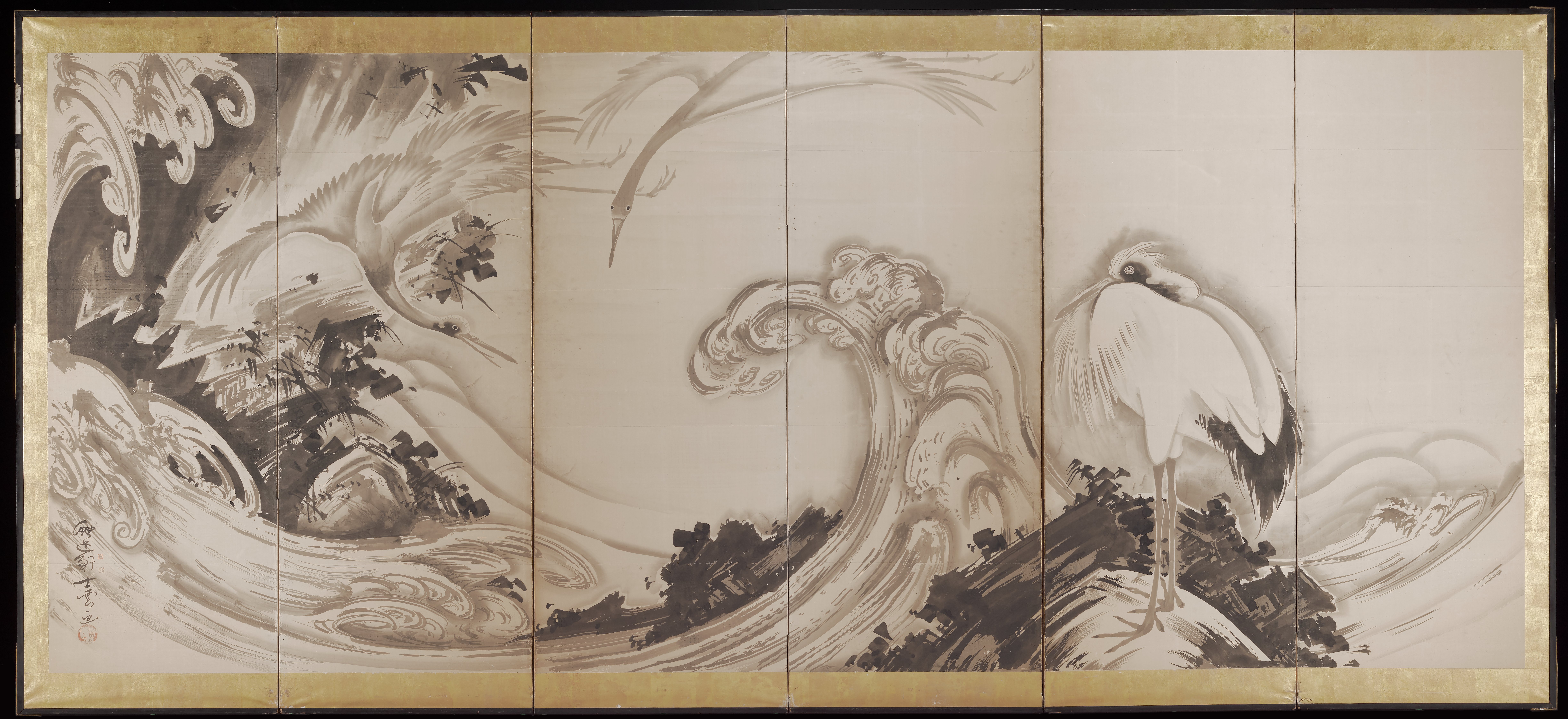 鶴と波（一対の左隻）