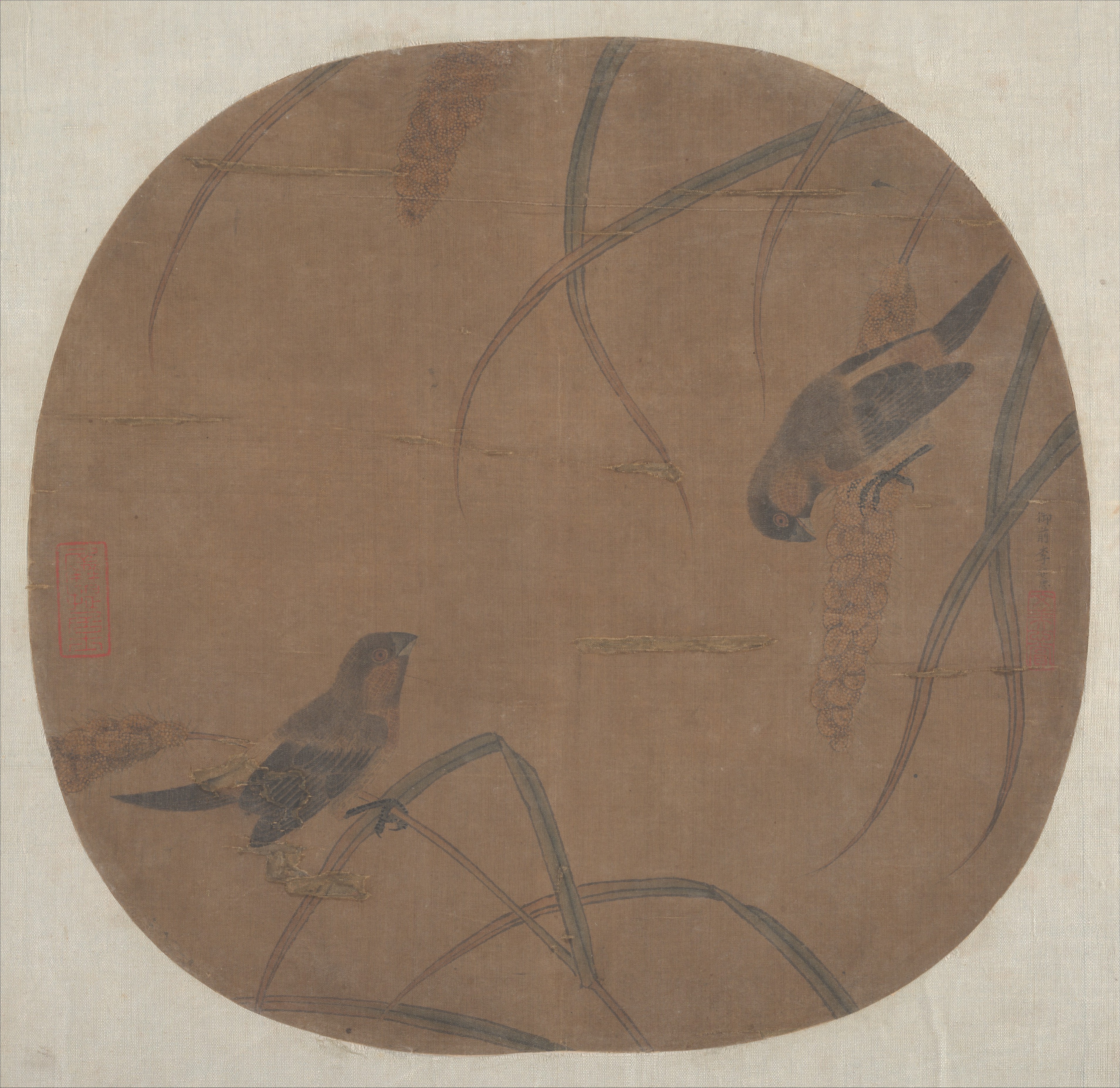 明/清時代の匿名李安中（偽） ソルガムと 2 羽の鳥 Tuan Fan |スズメとアワ