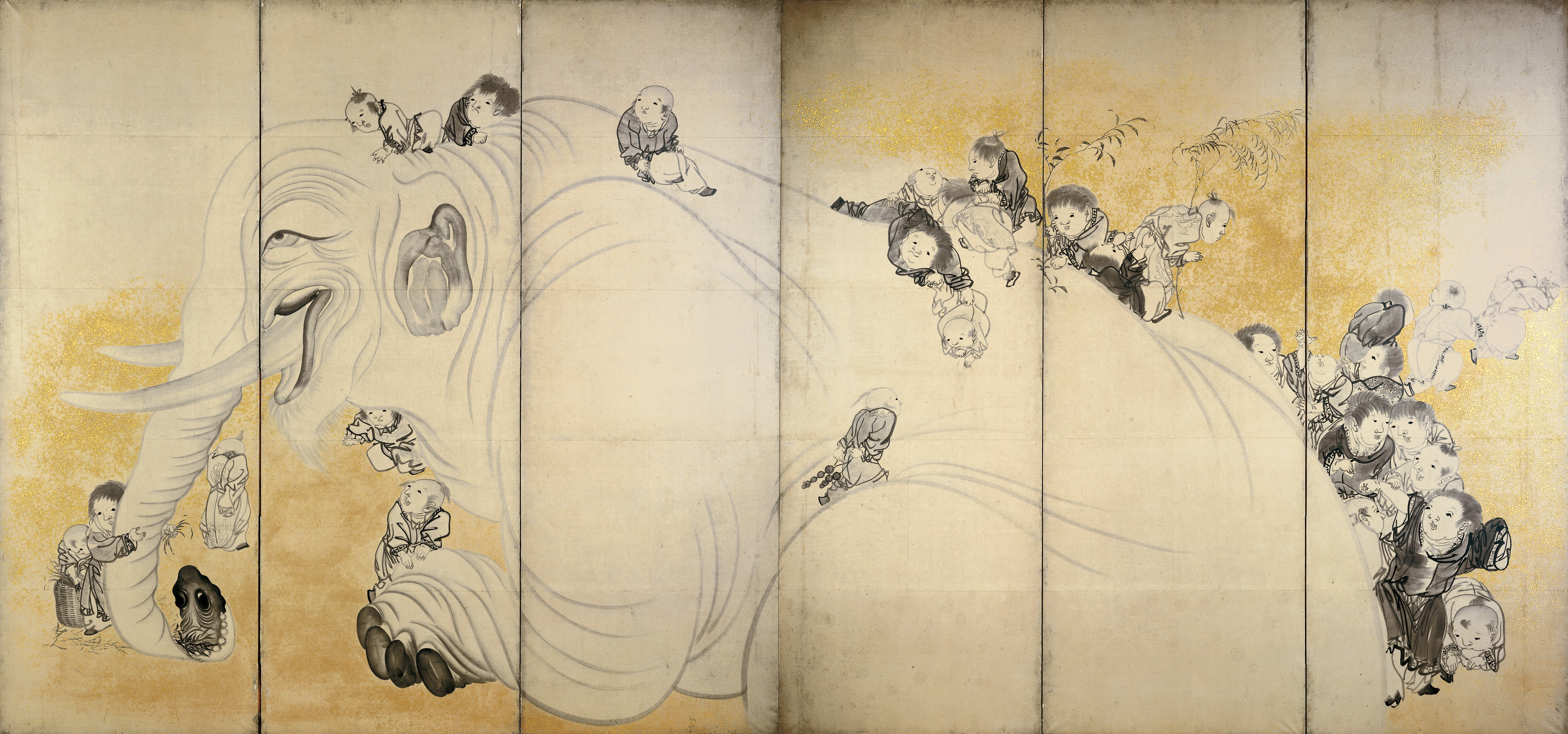 象と遊ぶ唐子（一対の左隻）