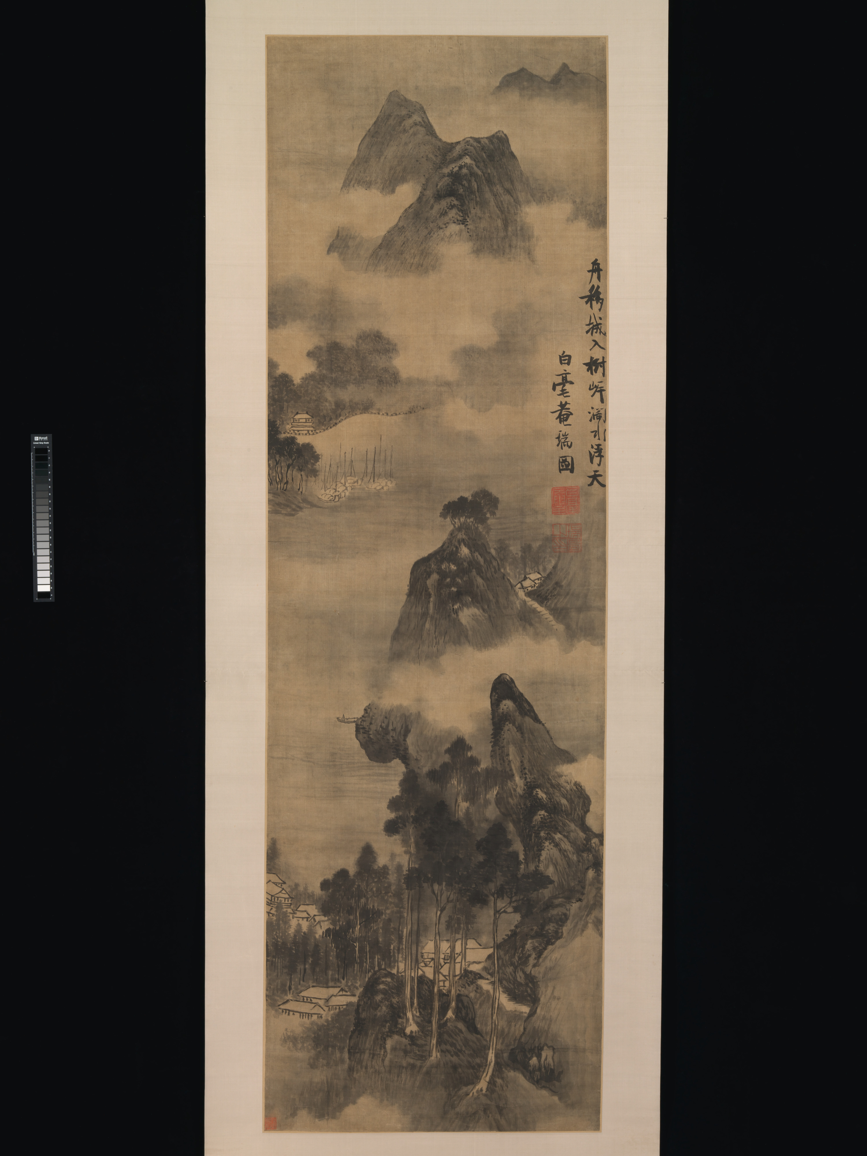明代の張瑞図風景軸|川岸の山々
