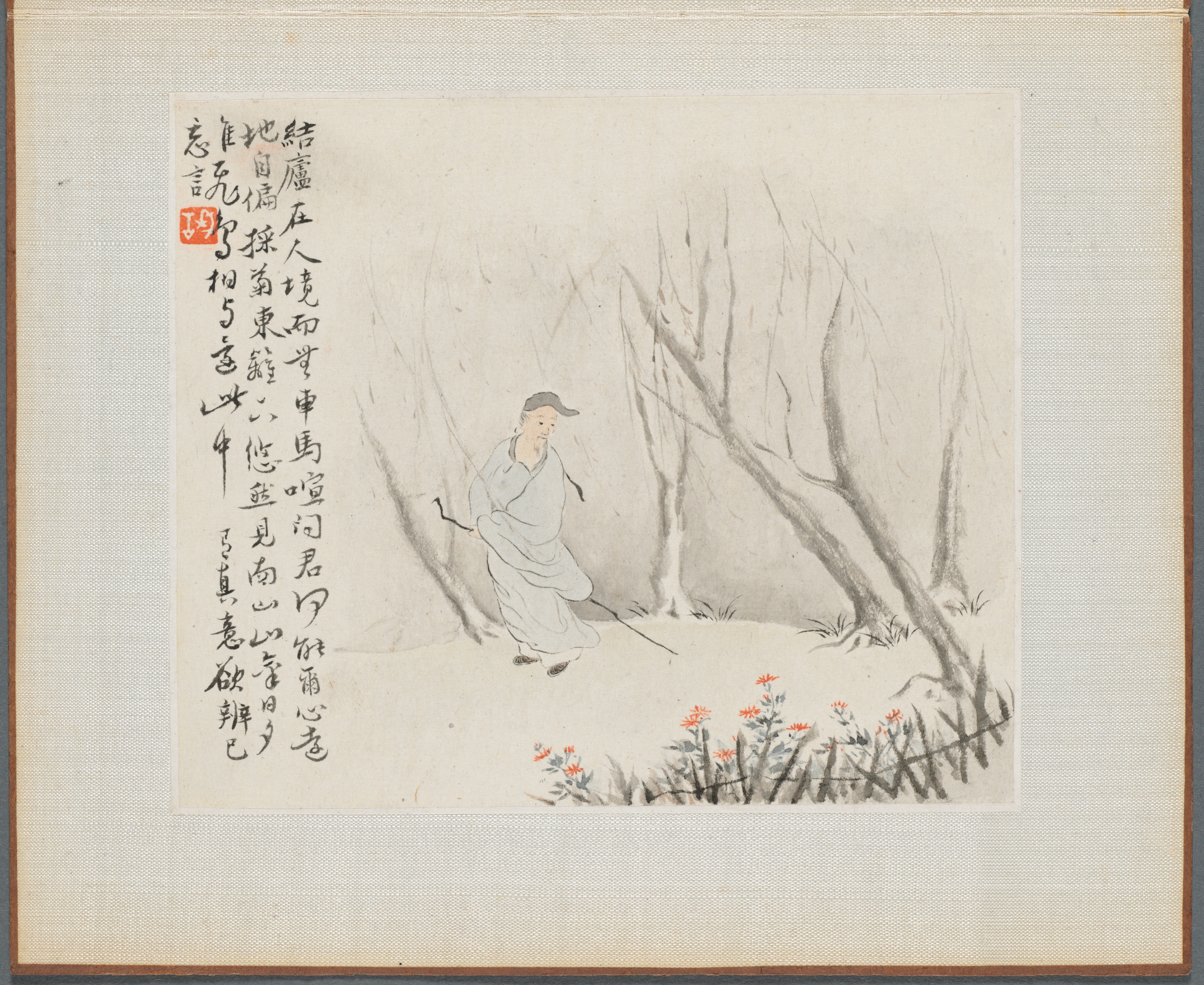 古詩意山水画冊：籬の菊を愛でる杖を持つ男