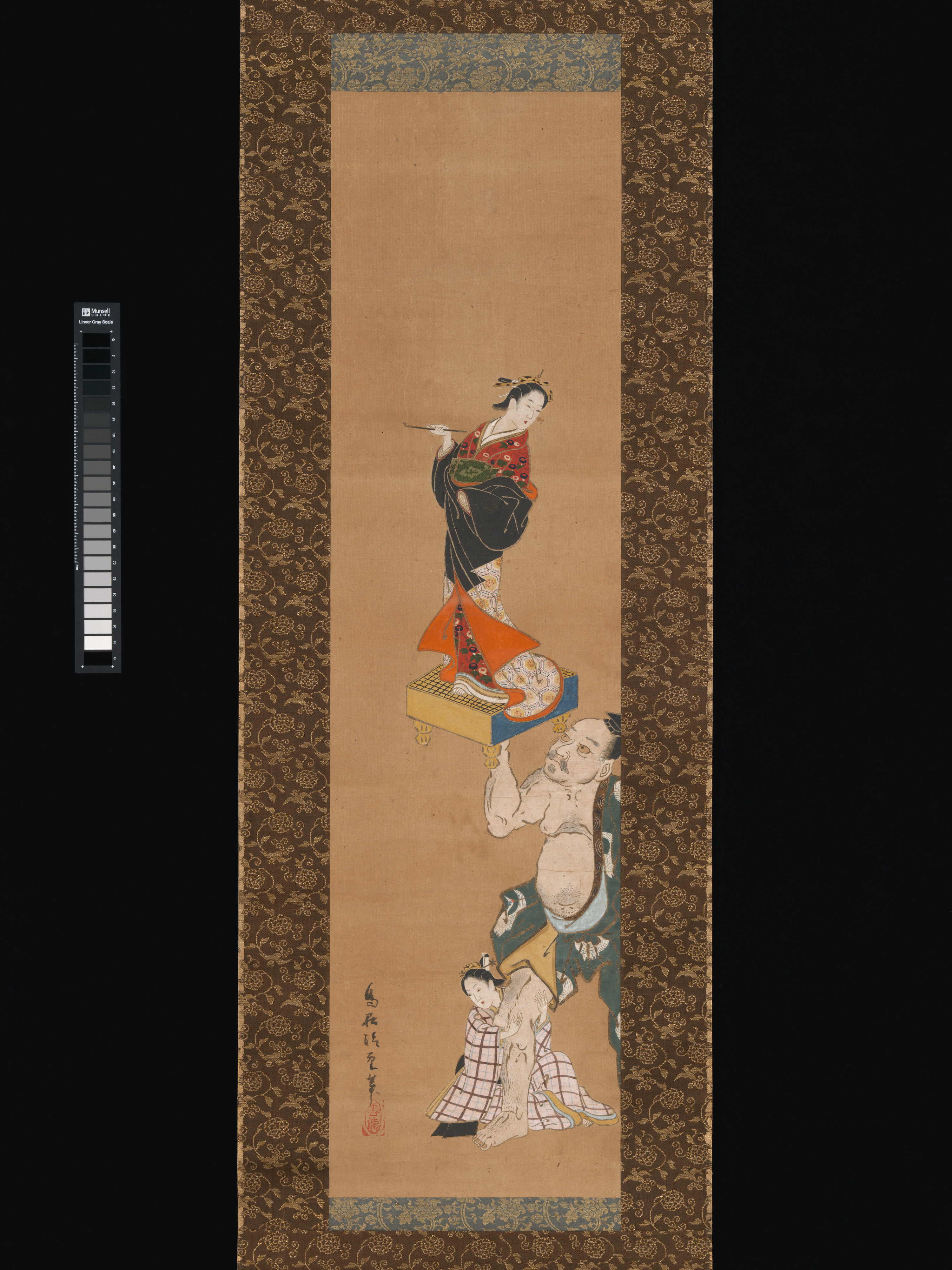碁盤上で遊女の人形を持ち上げる武者朝比奈良秀