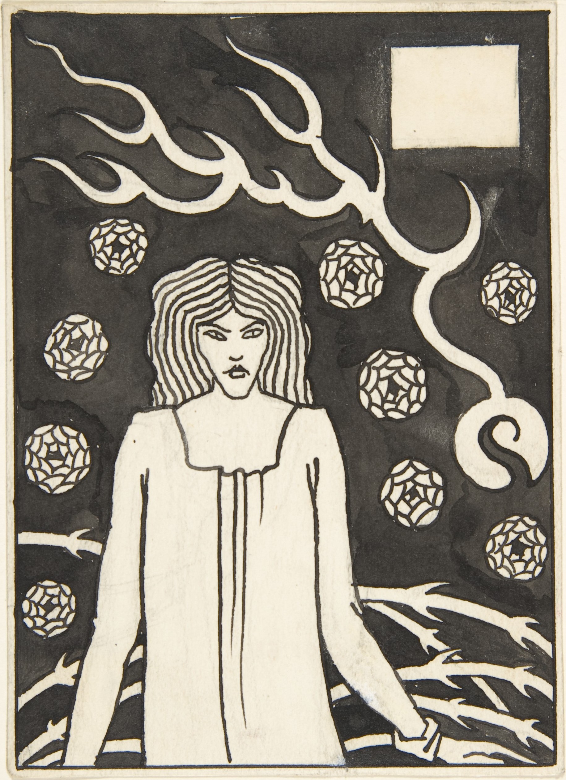 イバラ、稲妻、バラに囲まれた若い女性（章見出し、「Le Morte d'Arthur」、J. M. Dent 1893–94、Part III、book vi、chapter xvii、p. 215 および Part VII、book x、chapter xxii、p. 500）