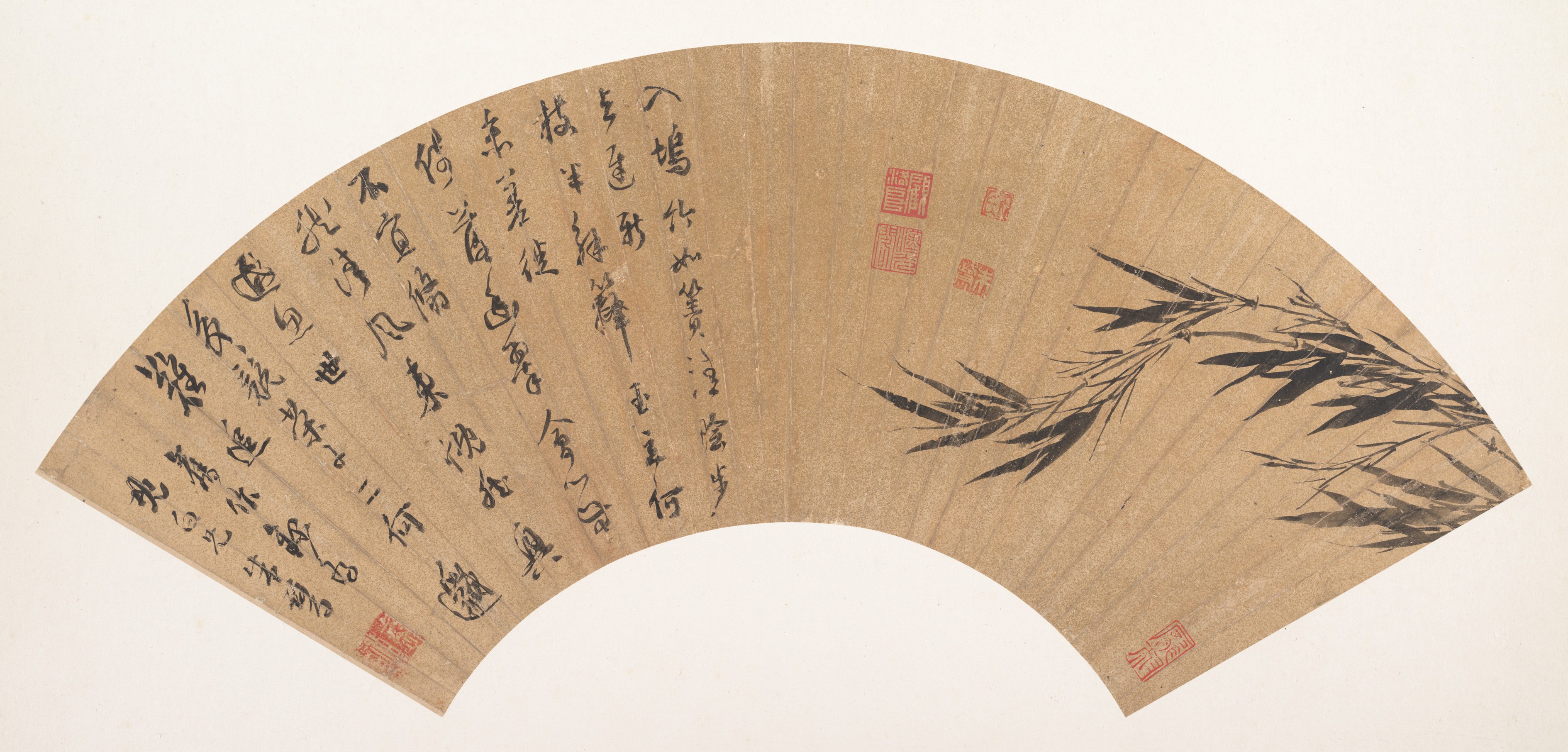 明代の朱鷺、水墨竹詩画、扇子 |竹と詩