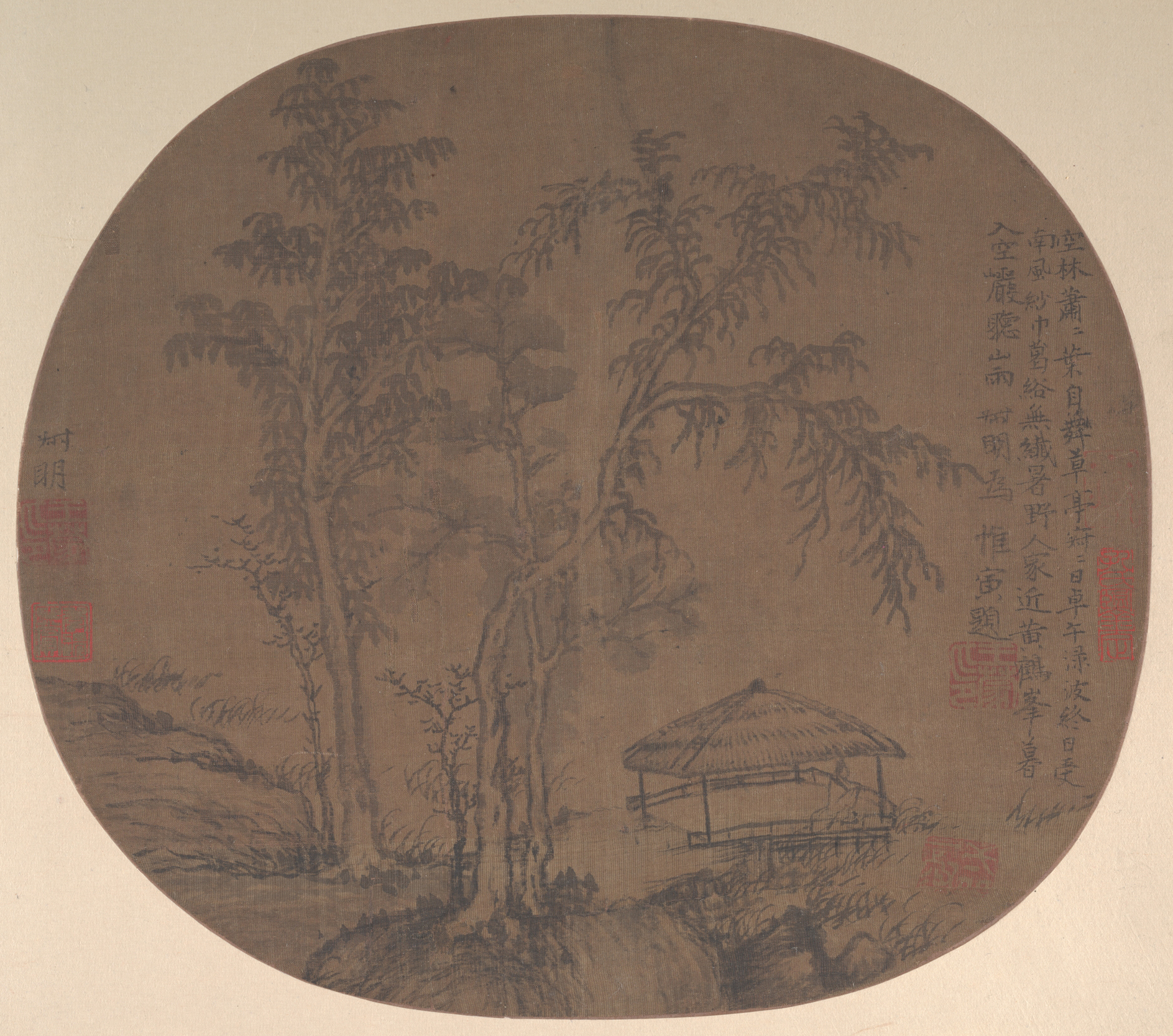 元代の王蒙、団樊小林の静寂の楼閣|まばらな木々と楼閣