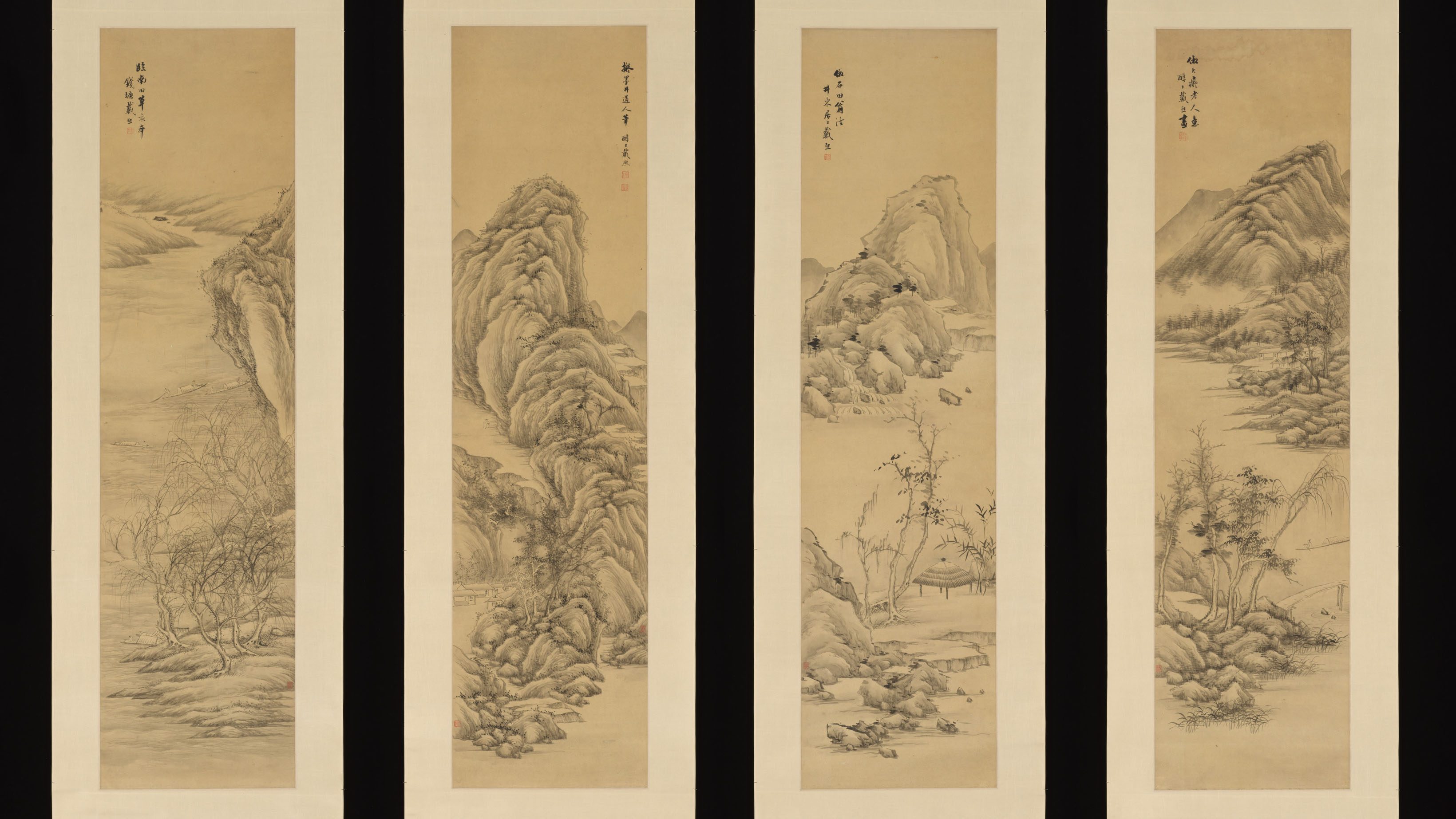 仿古山水四屏