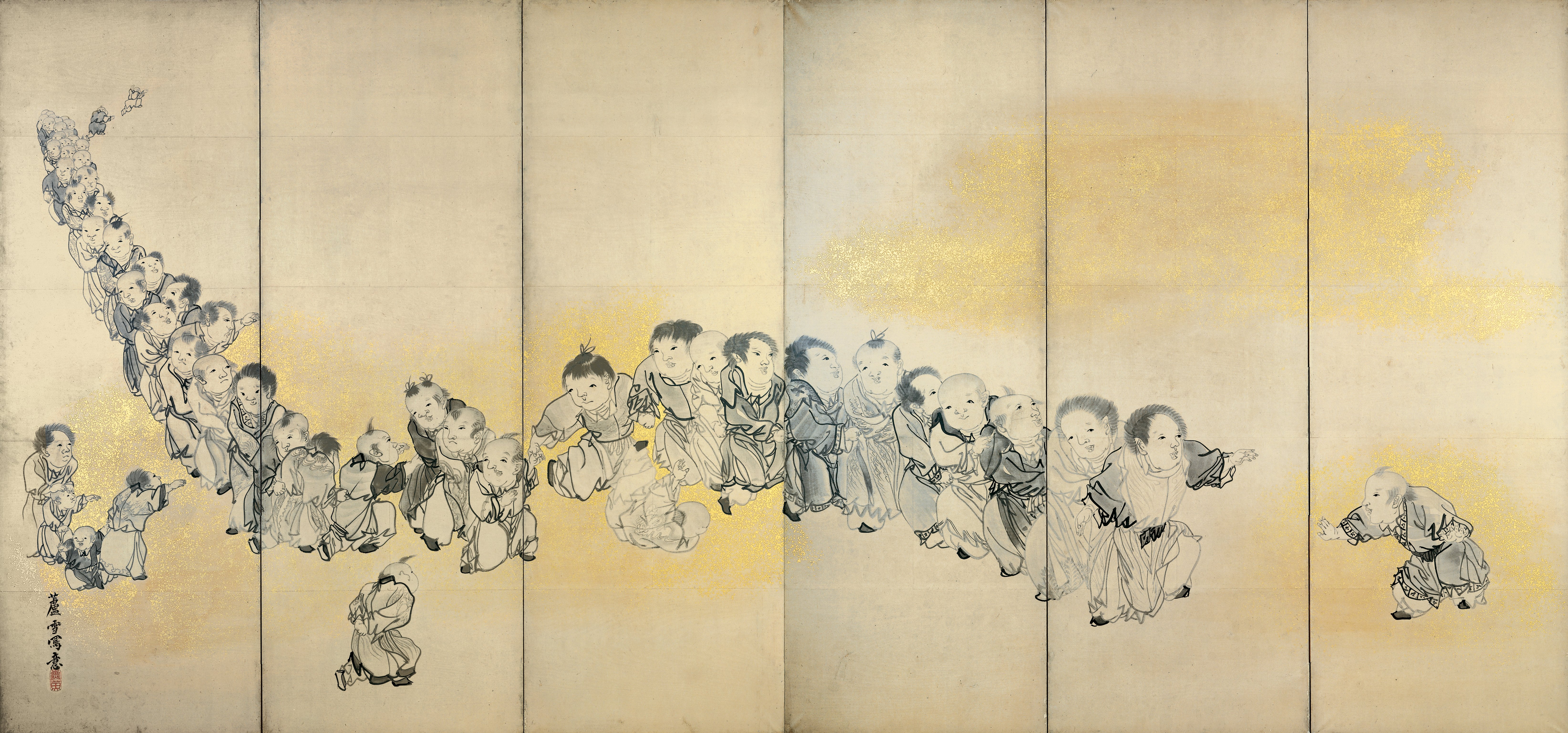 象と遊ぶ唐子（一対の右）
