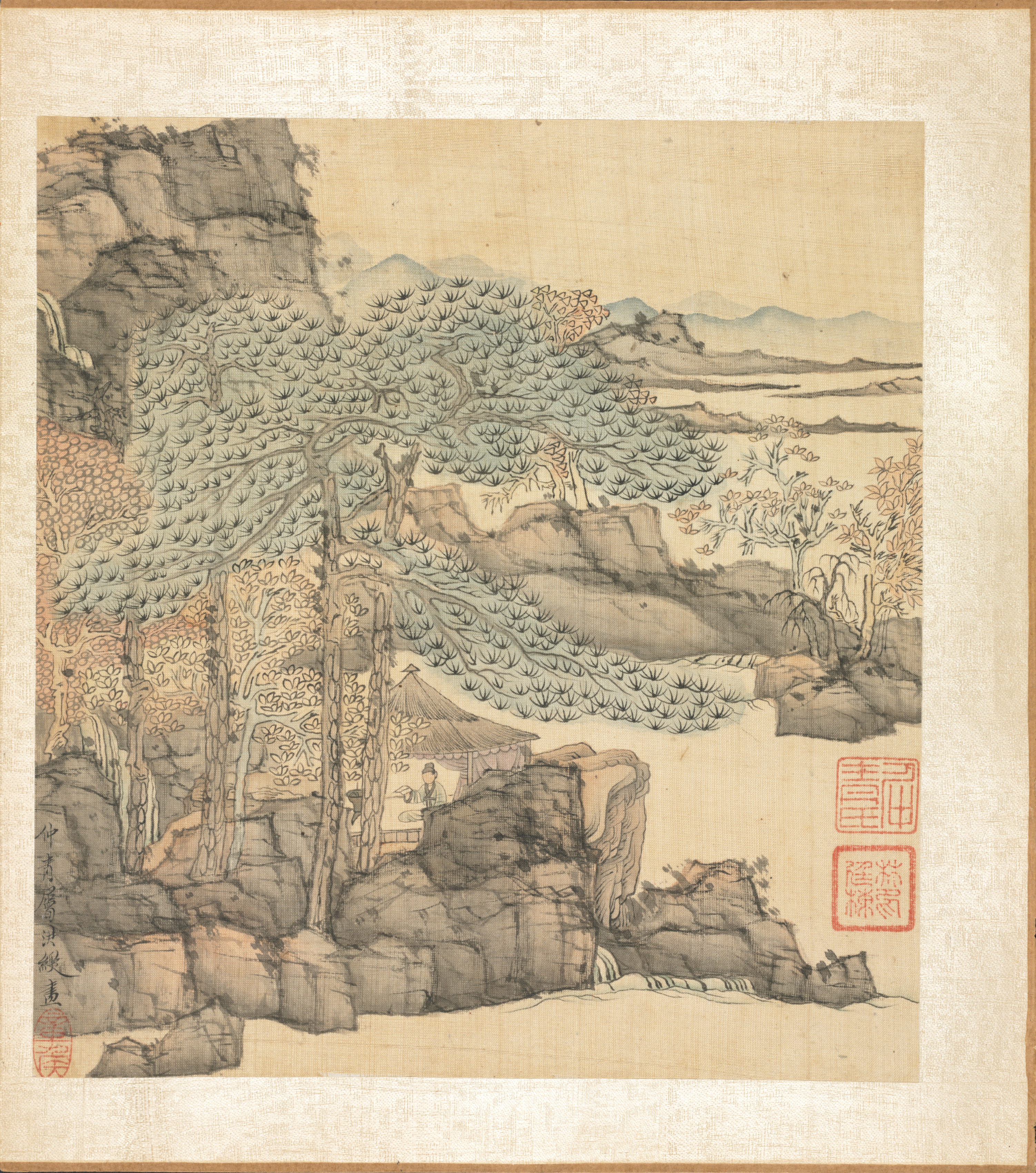 倣古画冊：滝のそばの草庵で読書する文人
