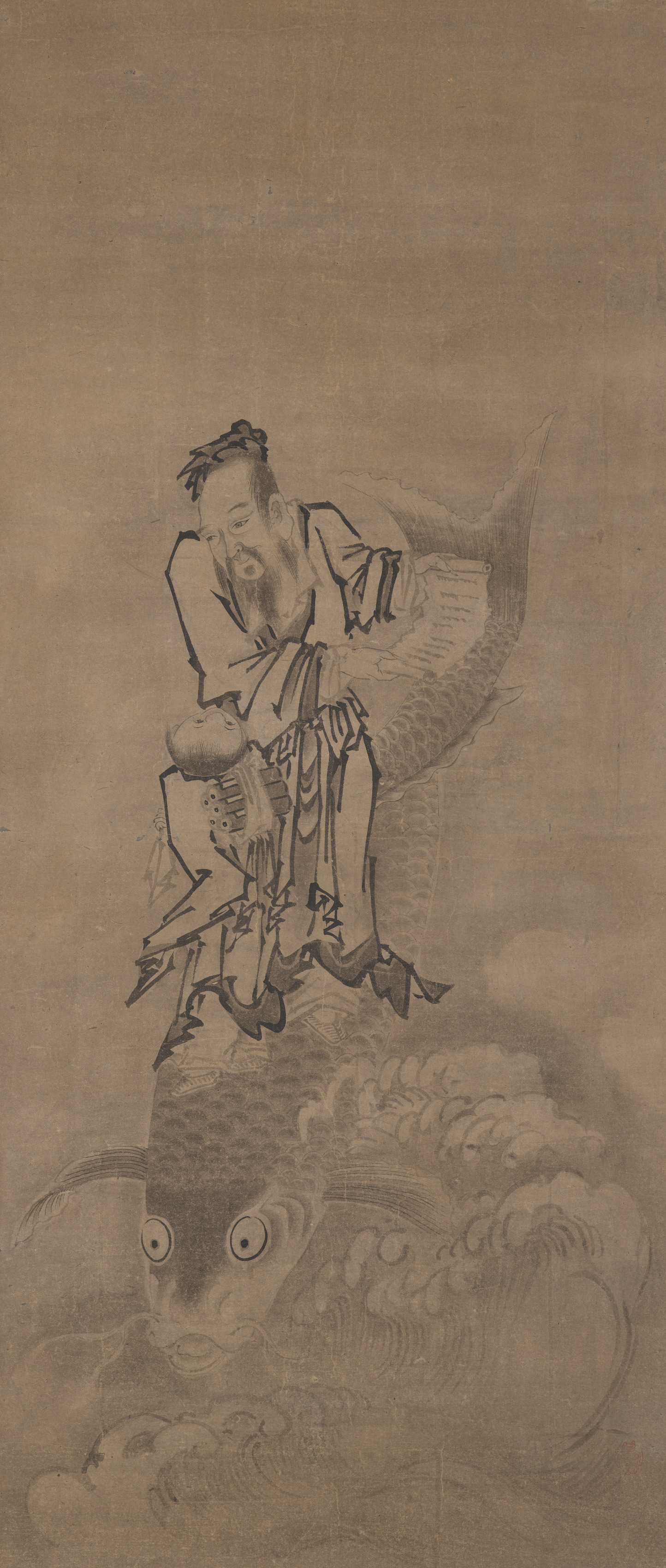 布袋・仙人図：鯉に乗る仙人