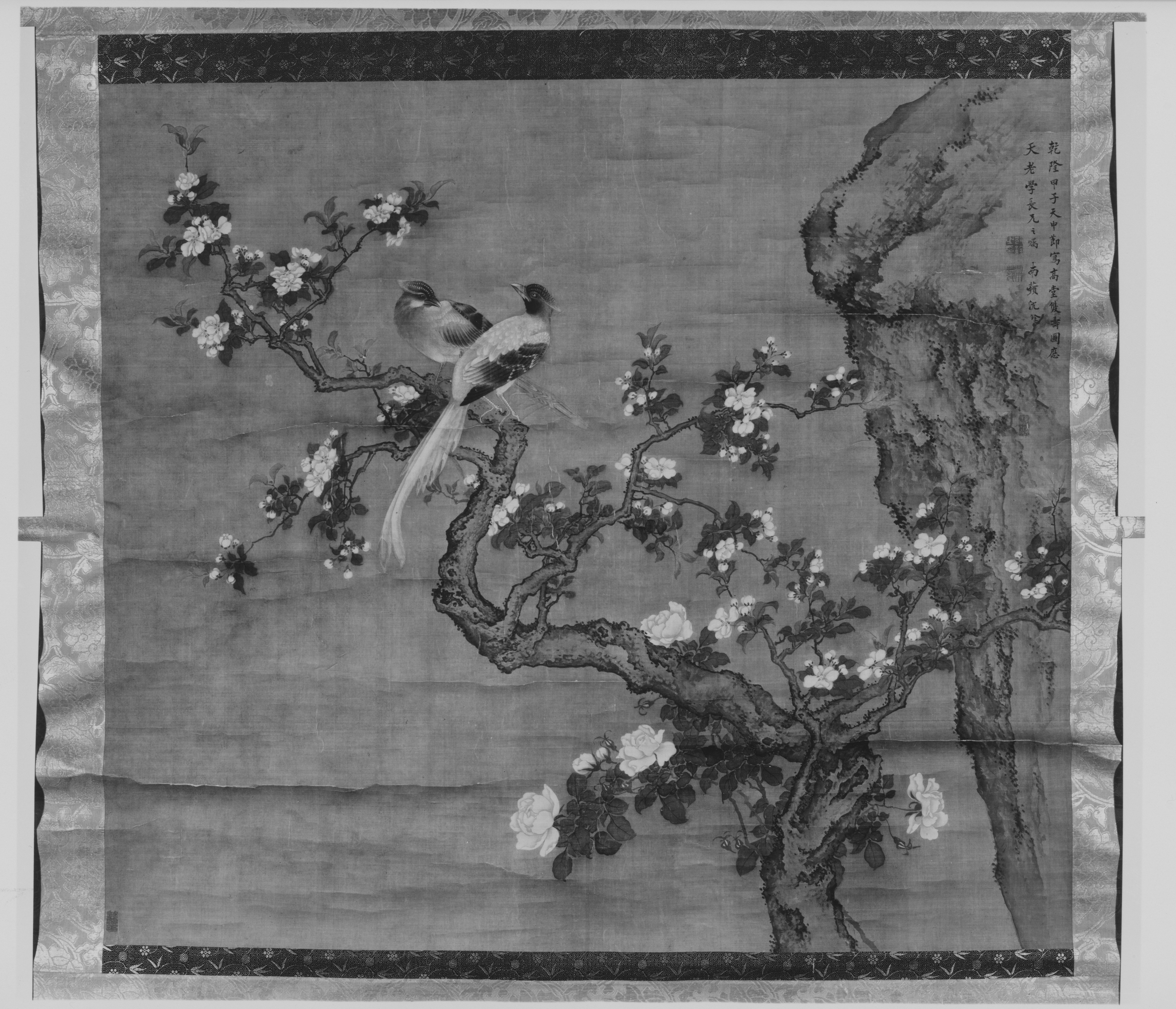 清朝、沈泉の「高唐の二重生活」軸 |開花クラブアップルとつがいの鳥
