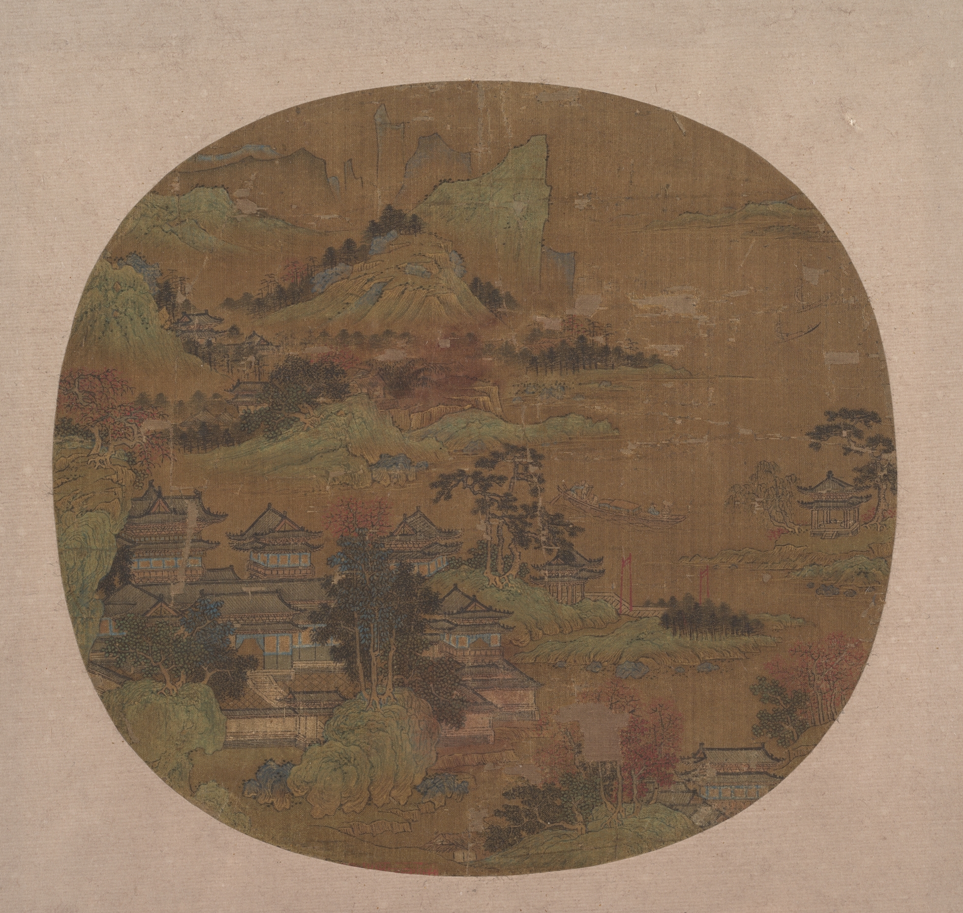 明朝の塔の松と風を描いた匿名の絵画、トゥアンファン |秋の山々に囲まれた宮殿